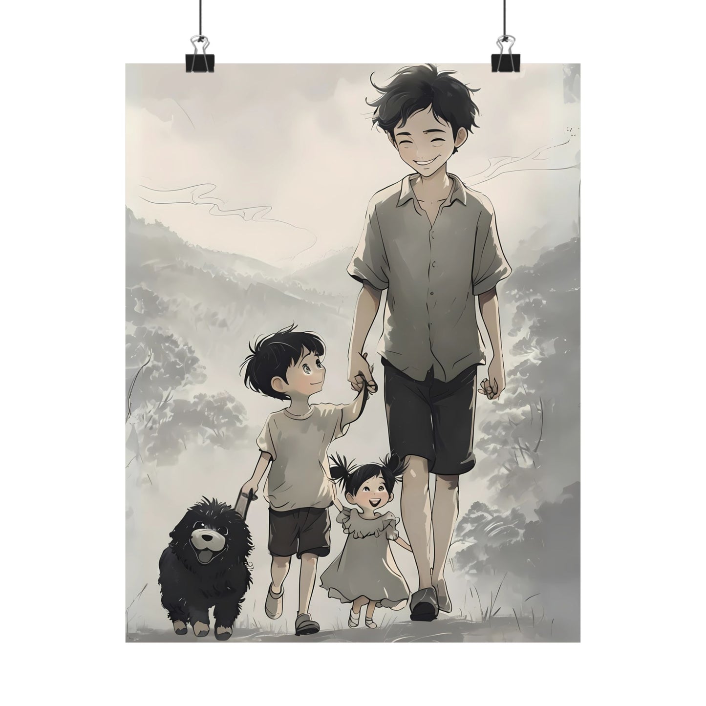 Vertical Family Nature Walk Matte Poster, Father Son Daughter Dog Wall Art Print, Landscape Artwork, Father's Day Gift, Outdoor Adventure