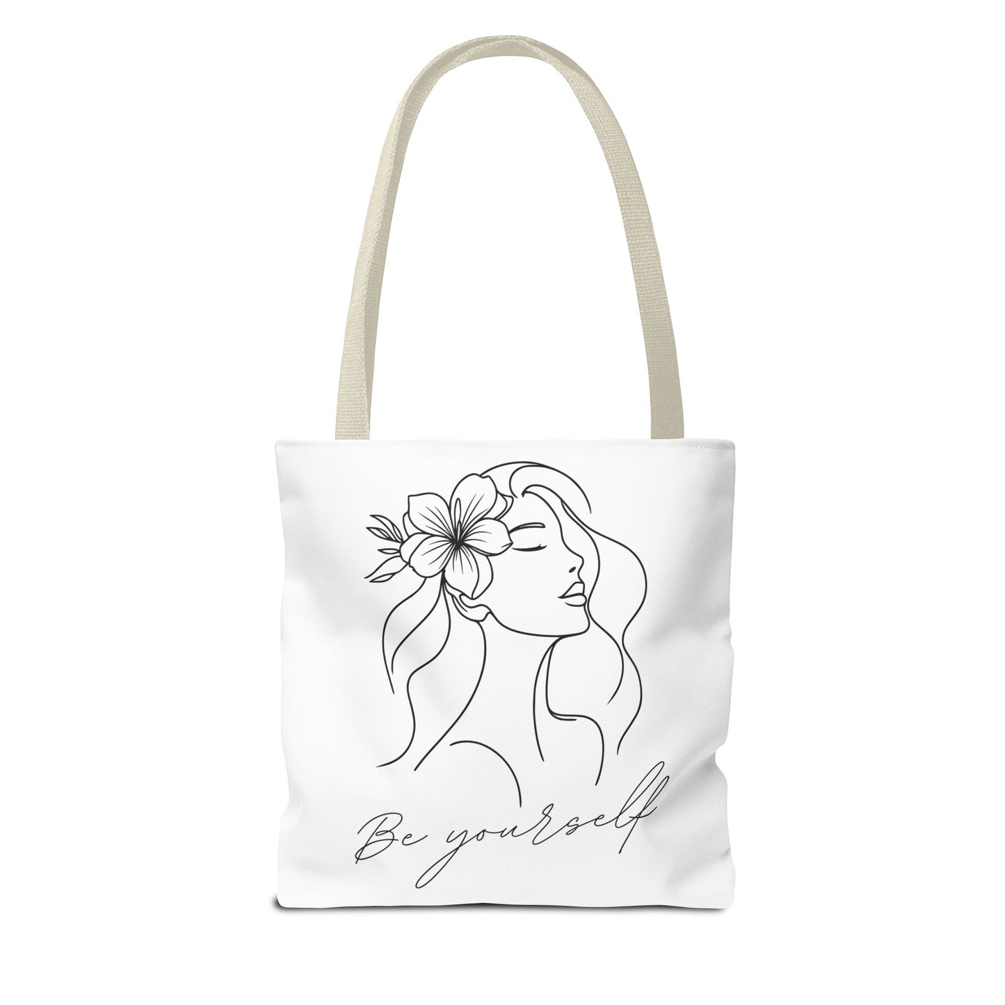 Tote Bag - Be Yourself Phrase with Woman's Head and Flower Design