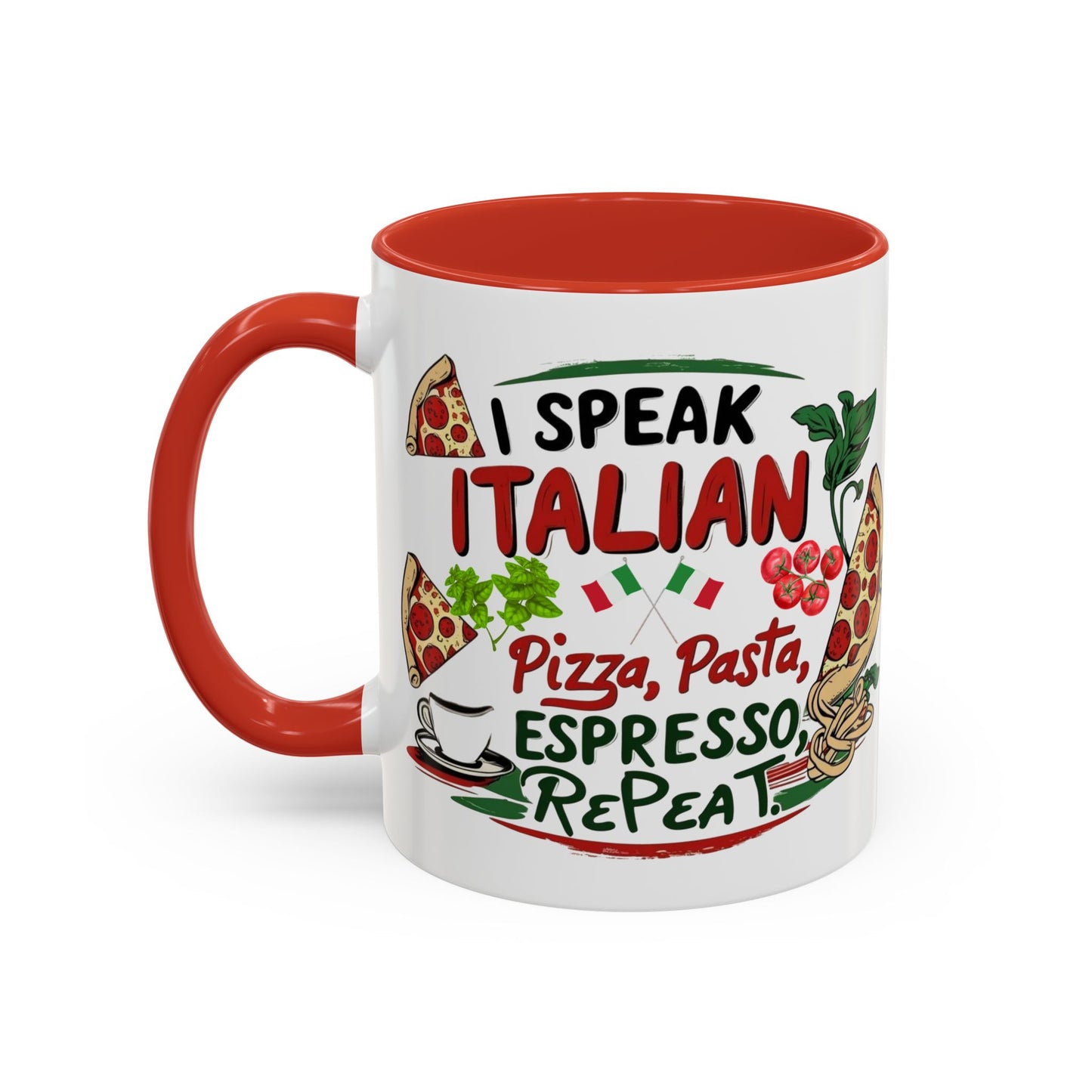 Coffee Mug, Italian Food Lover Gift, Funny Coffee Cup, Kitchen Decor, Espresso Repeat Design, 11oz 15oz Tea Cup, Pizza Pasta Mug, Tomato