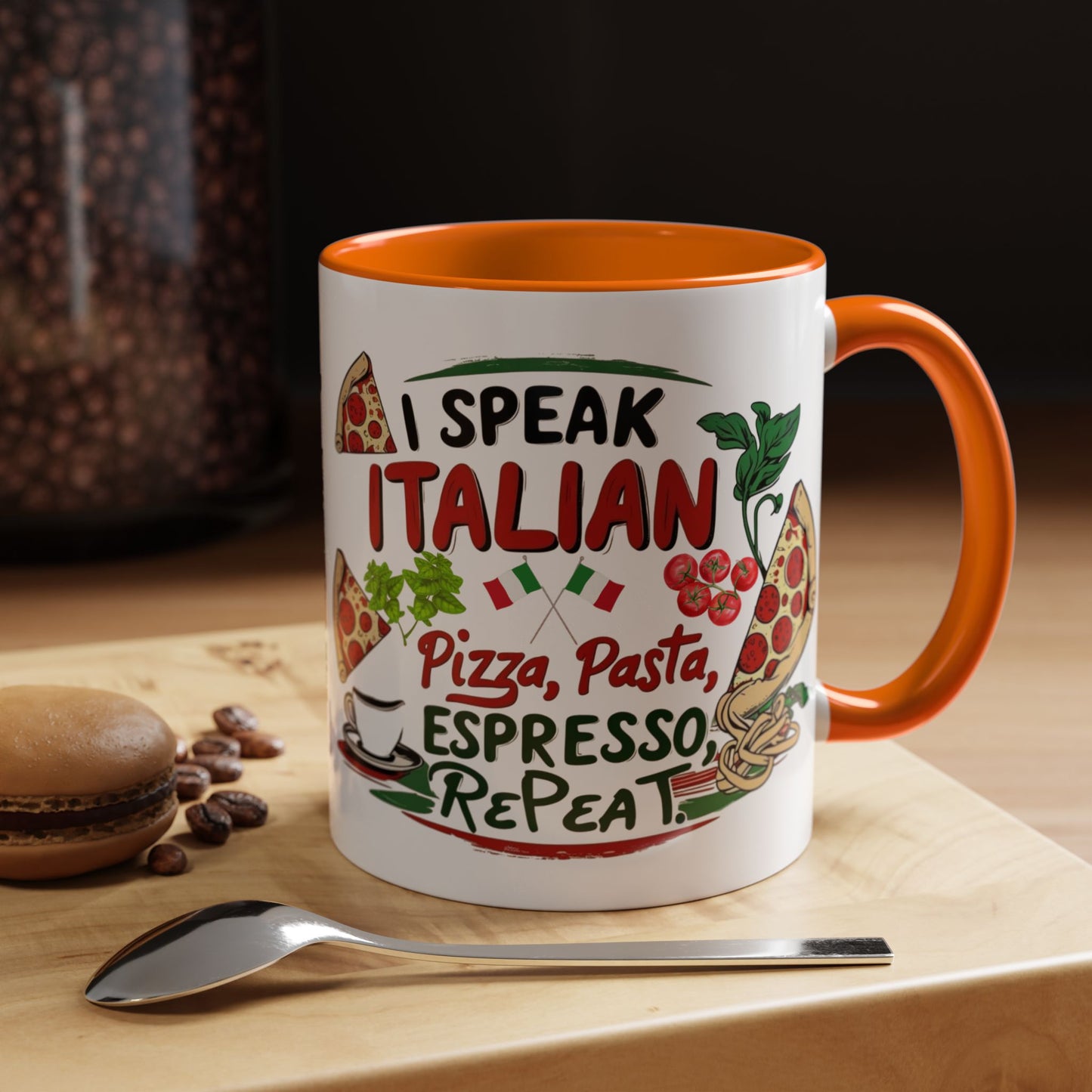 Coffee Mug, Italian Food Lover Gift, Funny Coffee Cup, Kitchen Decor, Espresso Repeat Design, 11oz 15oz Tea Cup, Pizza Pasta Mug, Tomato