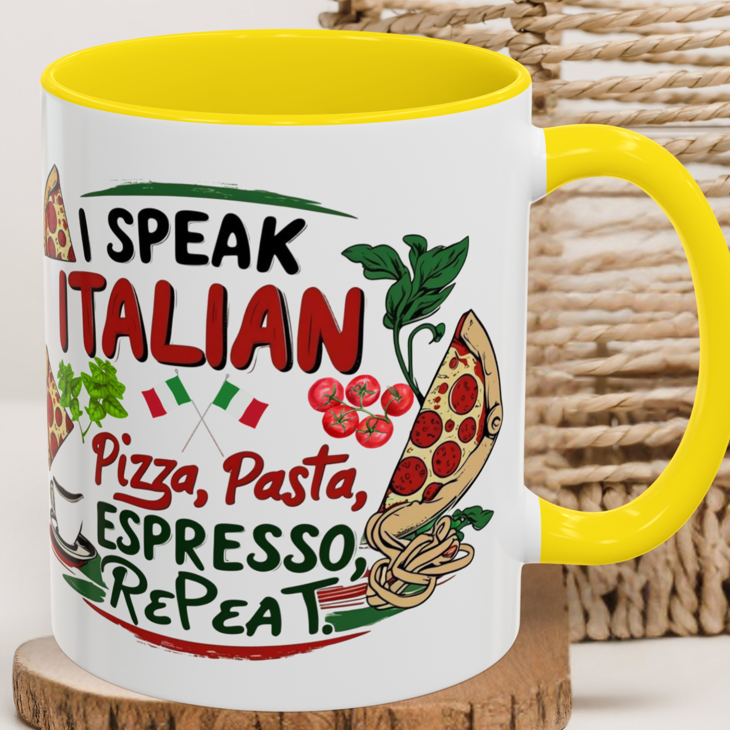 Coffee Mug, Italian Food Lover Gift, Funny Coffee Cup, Kitchen Decor, Espresso Repeat Design, 11oz 15oz Tea Cup, Pizza Pasta Mug, Tomato