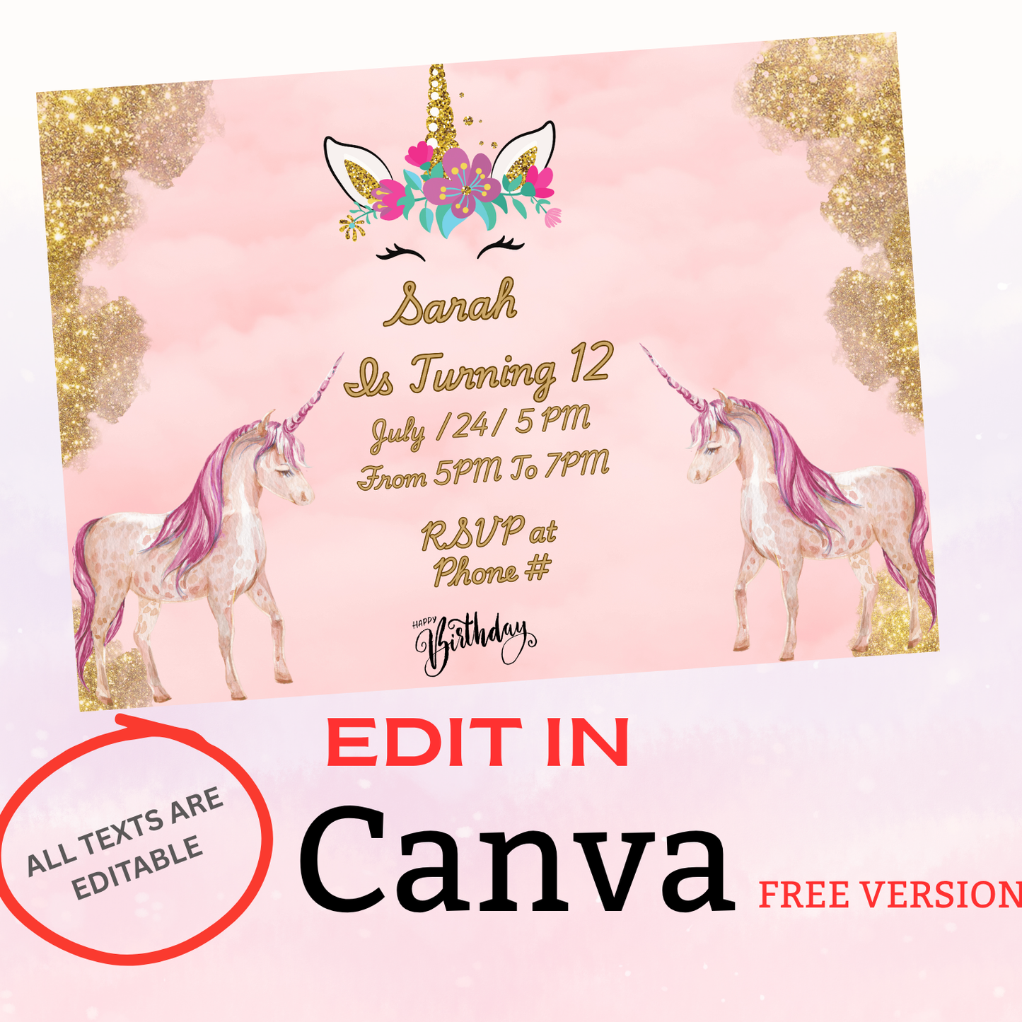 Birthday invitation, Unicorn themed party, Magical Unicorn Gold Glitter, Mask Birthday Party Invite, special gathering, Fun time, cool cards