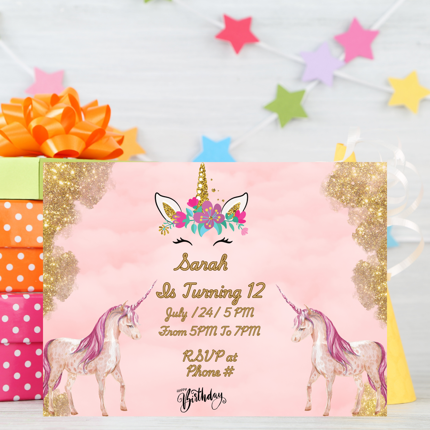 Birthday invitation, Unicorn themed party, Magical Unicorn Gold Glitter, Mask Birthday Party Invite, special gathering, Fun time, cool cards