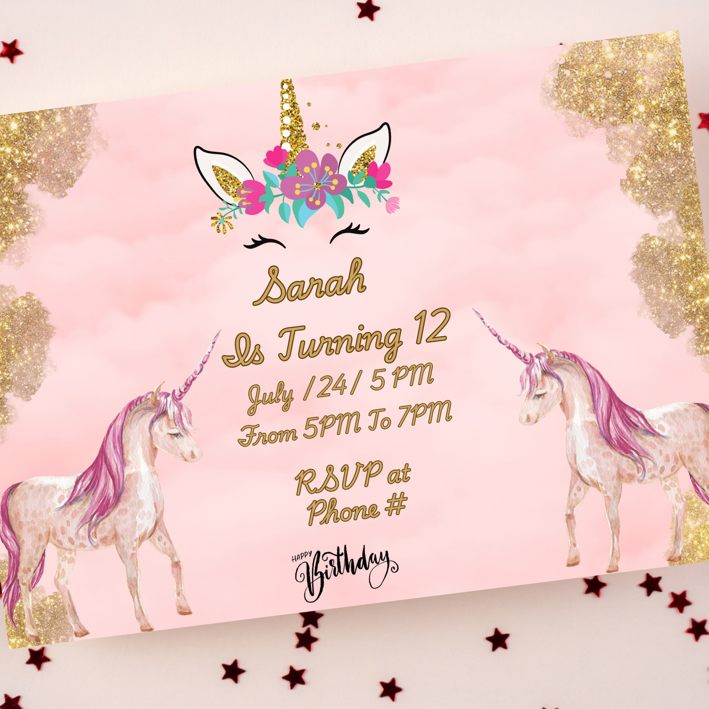 Birthday invitation, Unicorn themed party, Magical Unicorn Gold Glitter, Mask Birthday Party Invite, special gathering, Fun time, cool cards