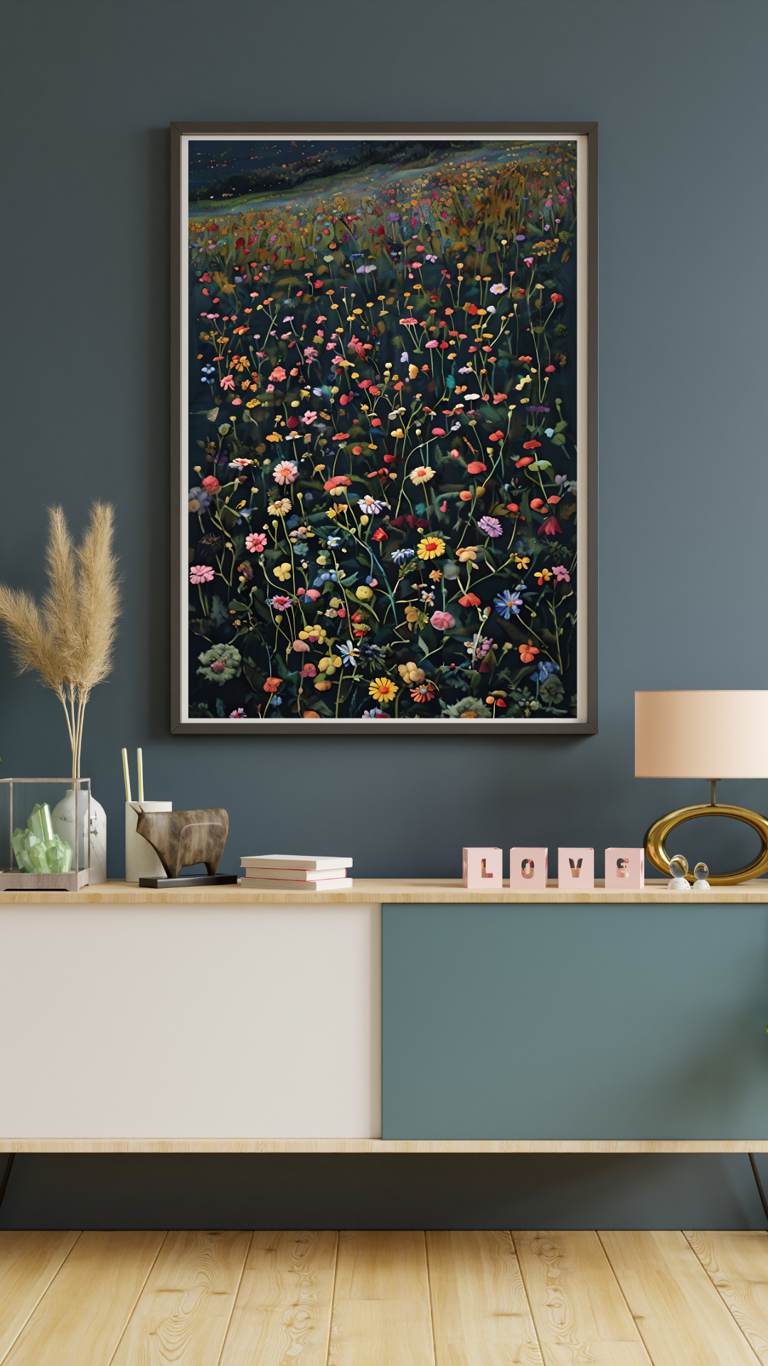 Digital Download wall art print, wall decorations Nature Posters Floral Field Wall Art Flowers Print Botanical Home Decor Nature Gift Unique Art Fiber Art Depicting Vibrant wild flowers at twilight