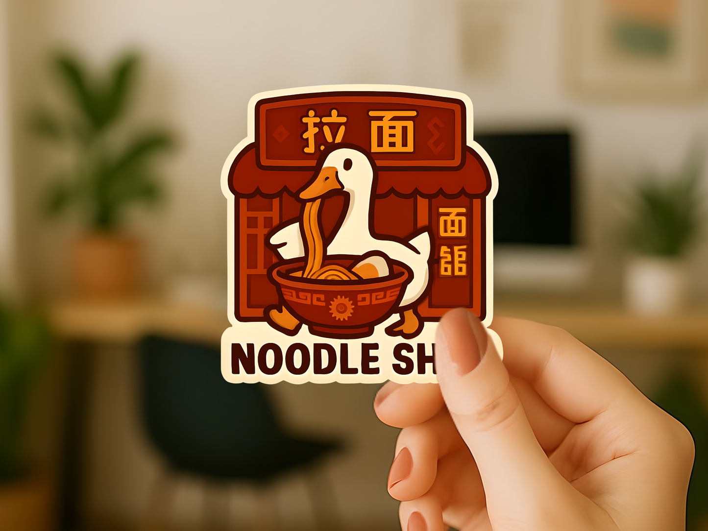 Stickers, Chinese noodle shop phrase with goose eating noodles, Foodie gift, Asian decor, Laptop decal, Water bottle sticker