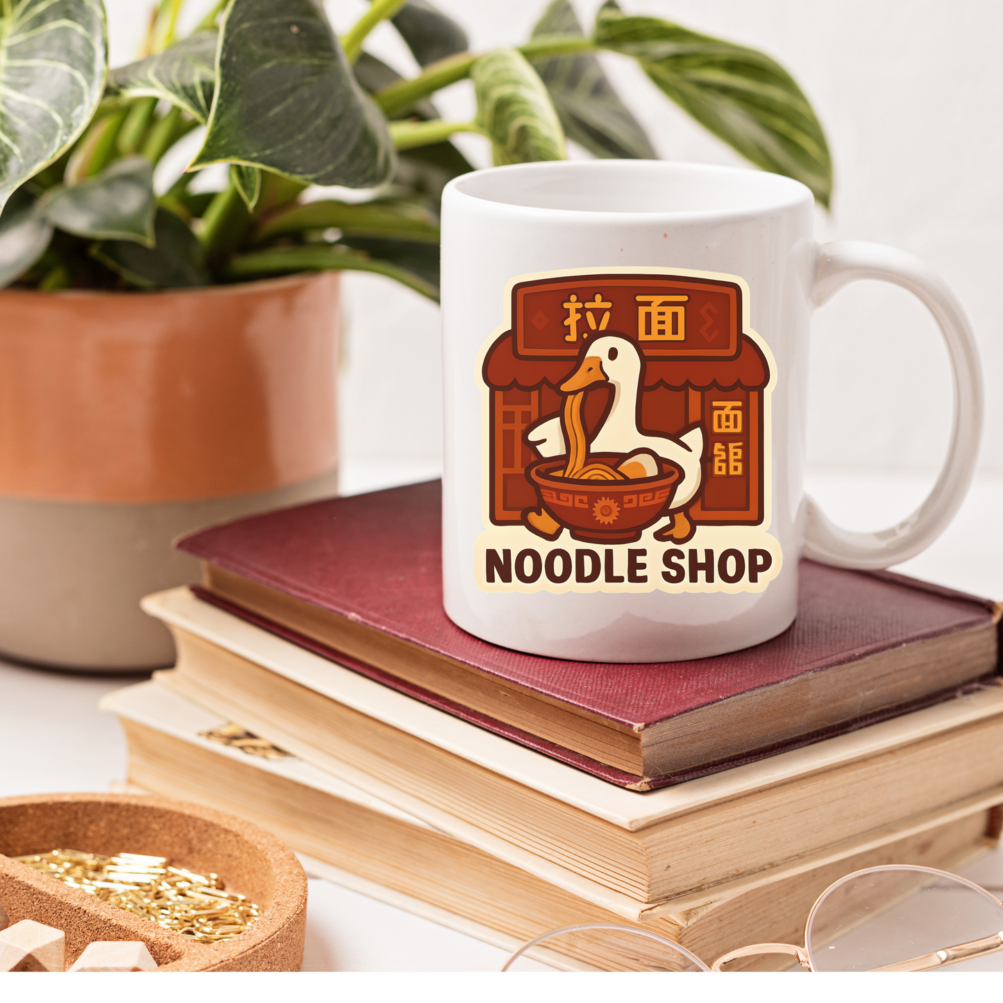Stickers, Chinese noodle shop phrase with goose eating noodles, Foodie gift, Asian decor, Laptop decal, Water bottle sticker