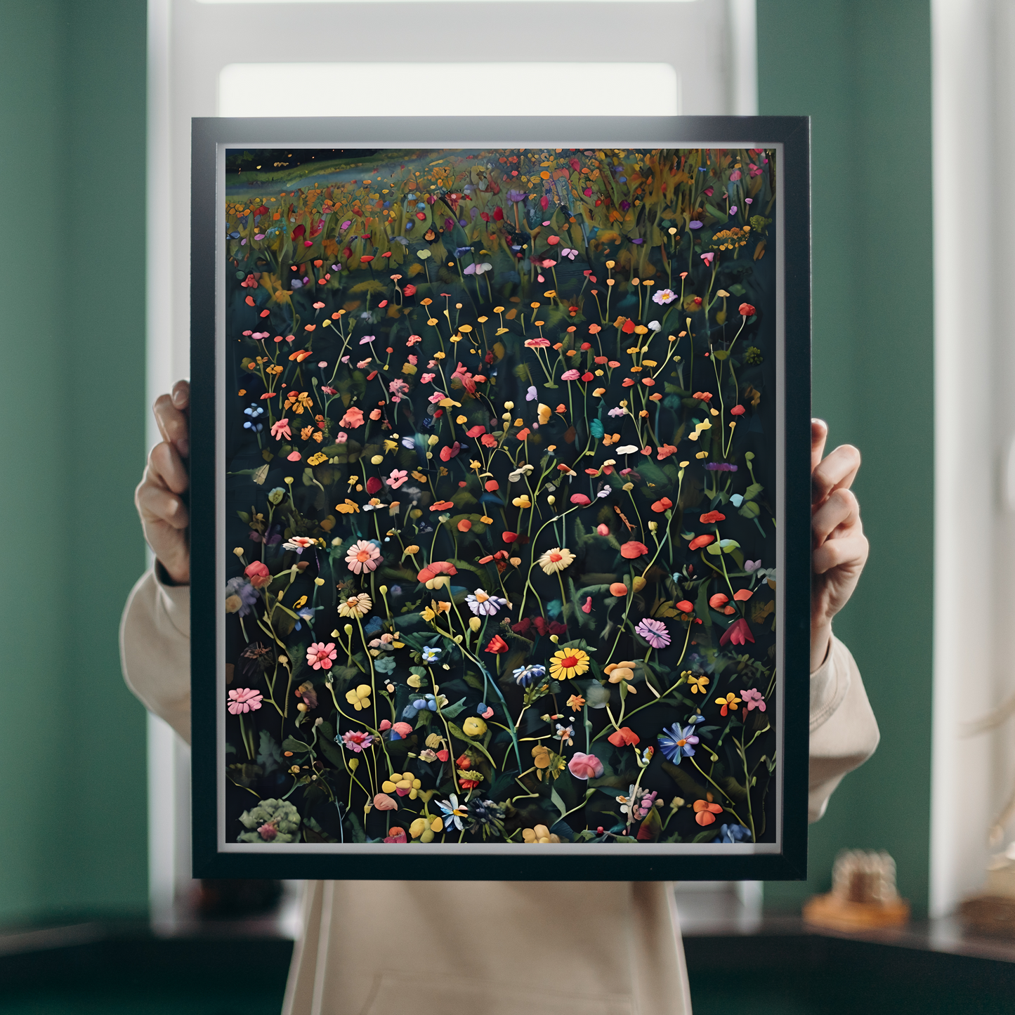 Digital Download wall art print, wall decorations Nature Posters Floral Field Wall Art Flowers Print Botanical Home Decor Nature Gift Unique Art Fiber Art Depicting Vibrant wild flowers at twilight