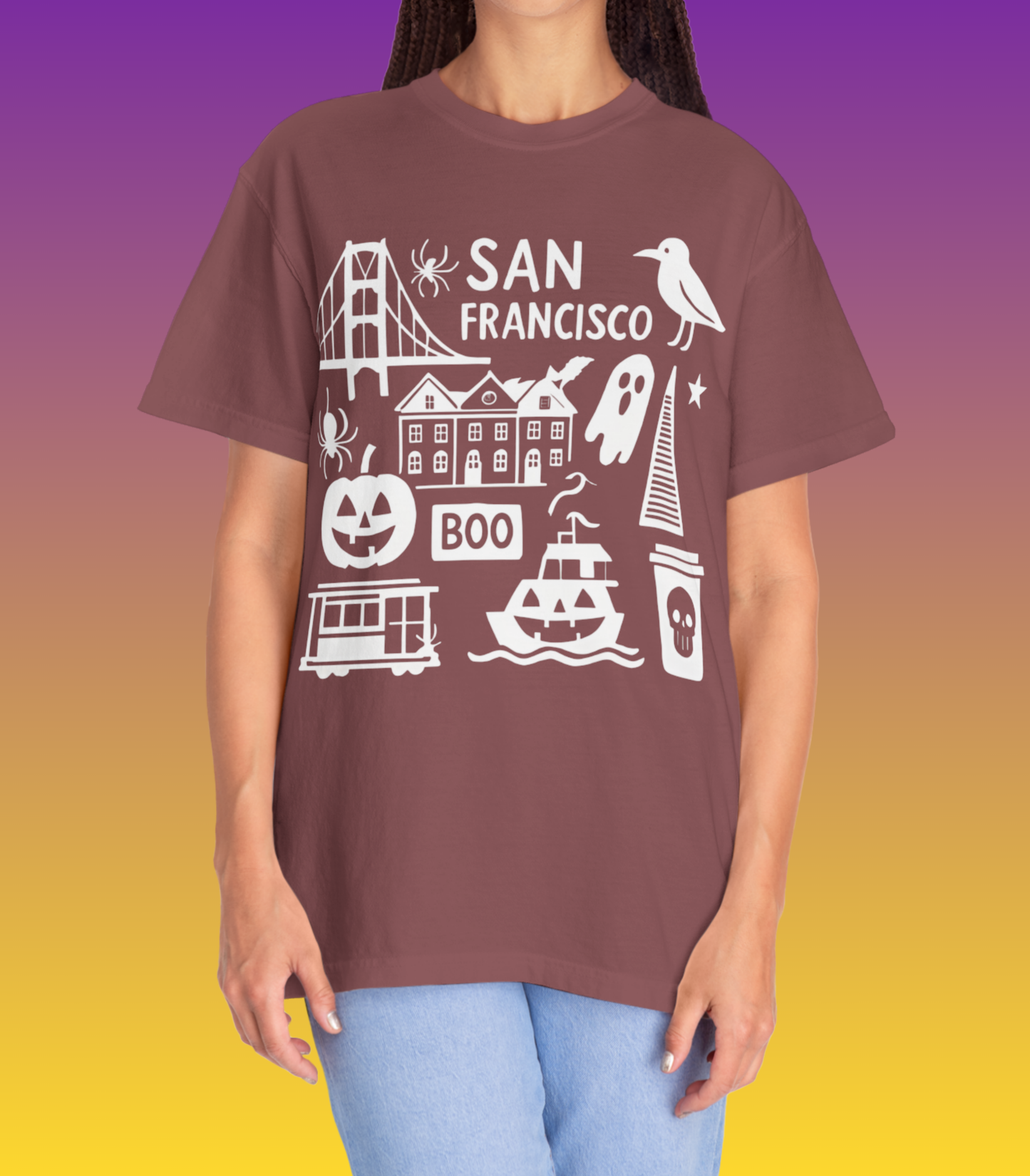 San Francisco Halloween T-Shirt, Unisex Tee, SF Landmarks Graphic Shirt, Holiday Top, Trick or Treat Apparel