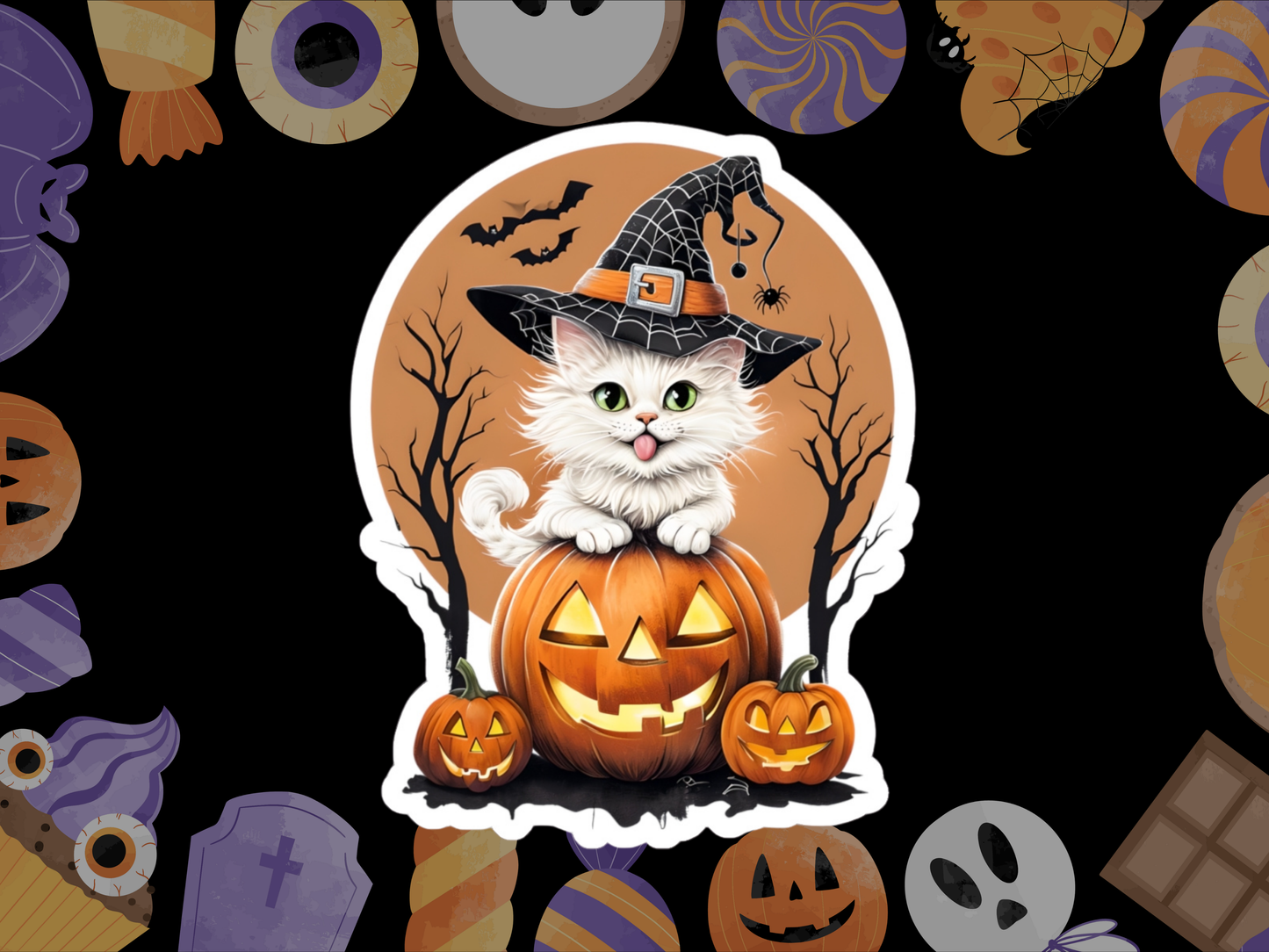 Halloween Cat Stickers, Spooky Witch Hat Pumpkin Decals, Cute Halloween Decorations, Trick or Treat Accessories, Cat Lover Gifts,