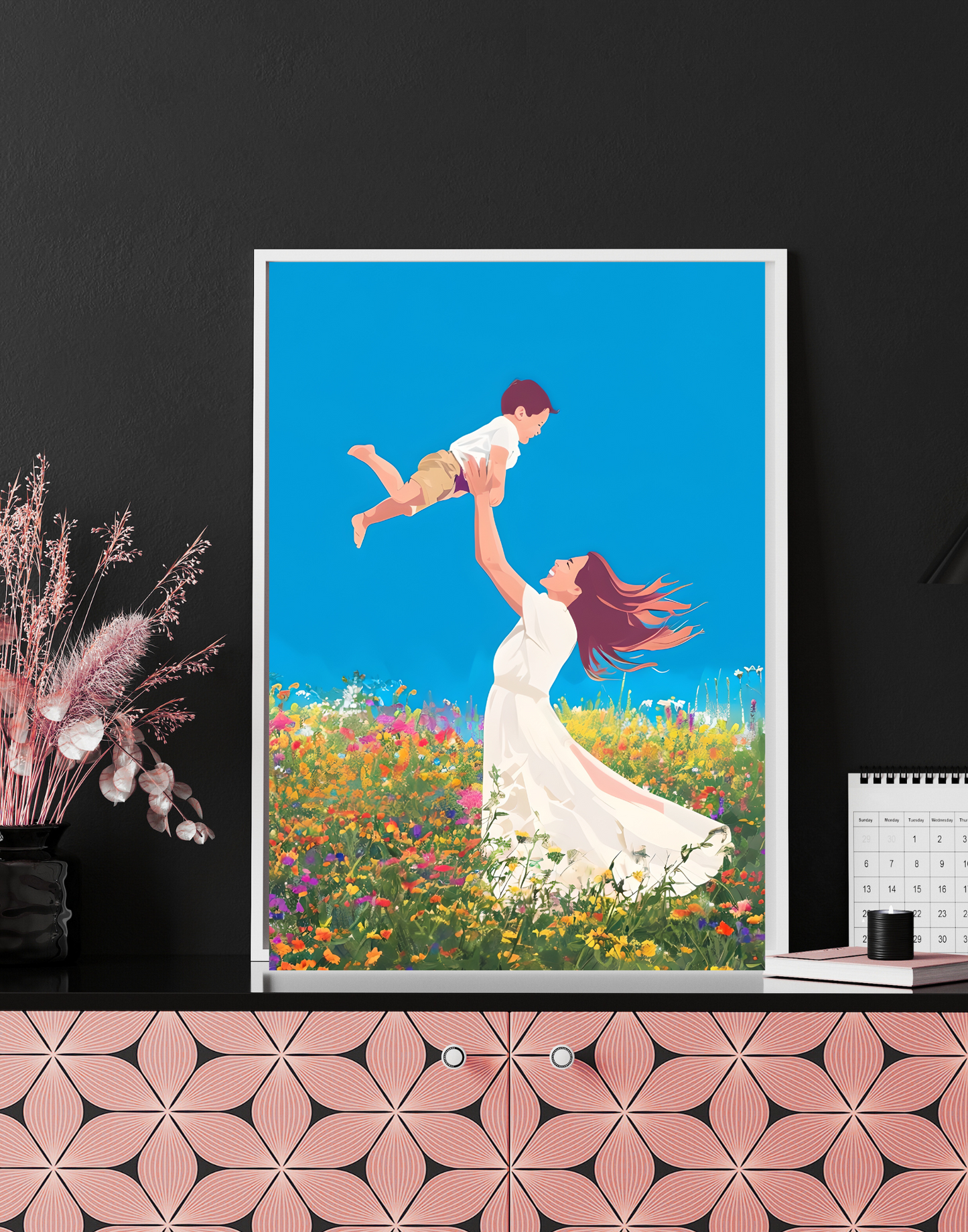 Joyful Mother Raising Child Amidst Vibrant Wildflowers