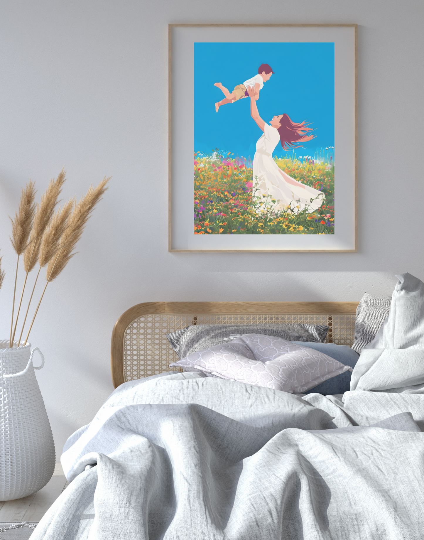 Joyful Mother Raising Child Amidst Vibrant Wildflowers