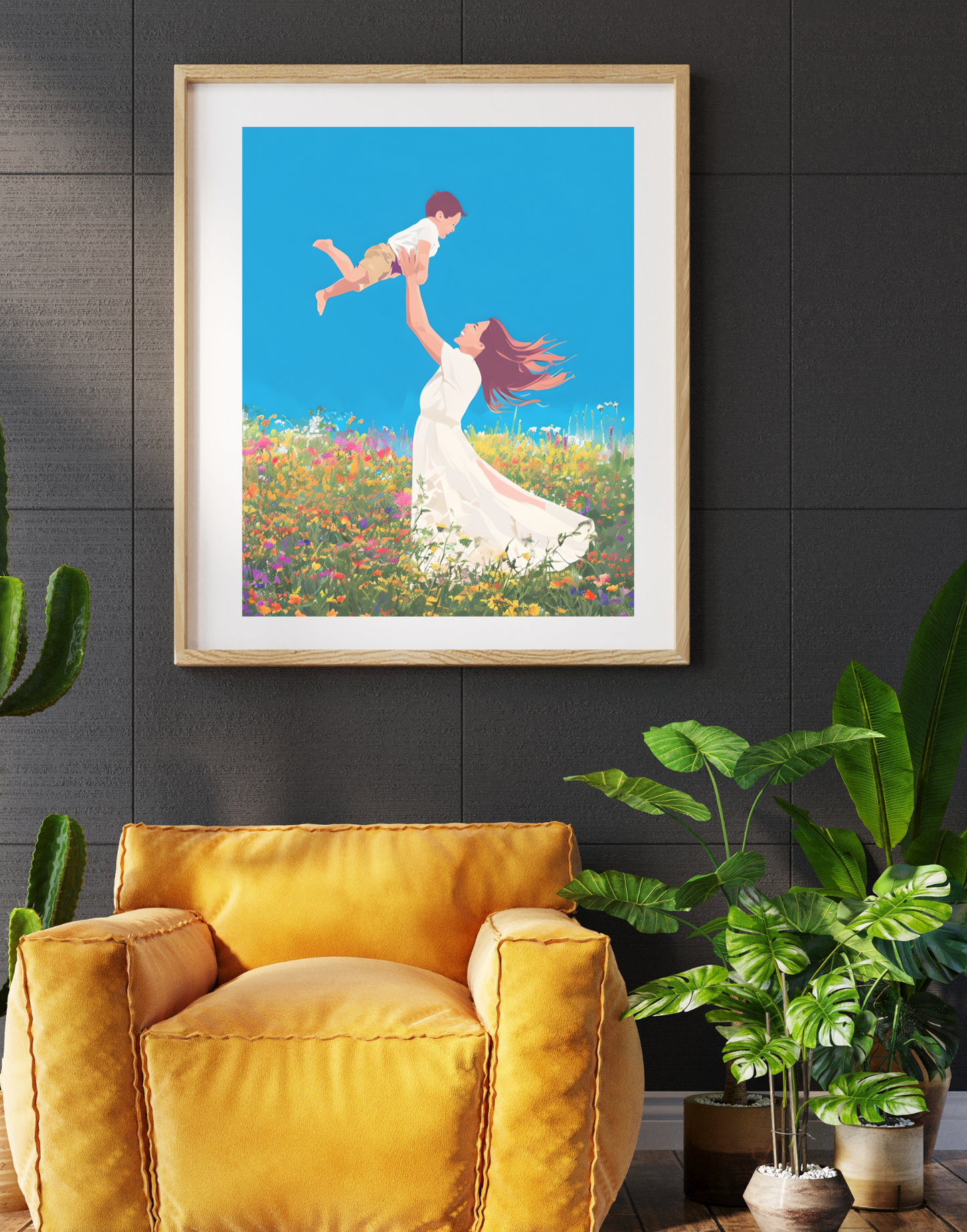 Joyful Mother Raising Child Amidst Vibrant Wildflowers