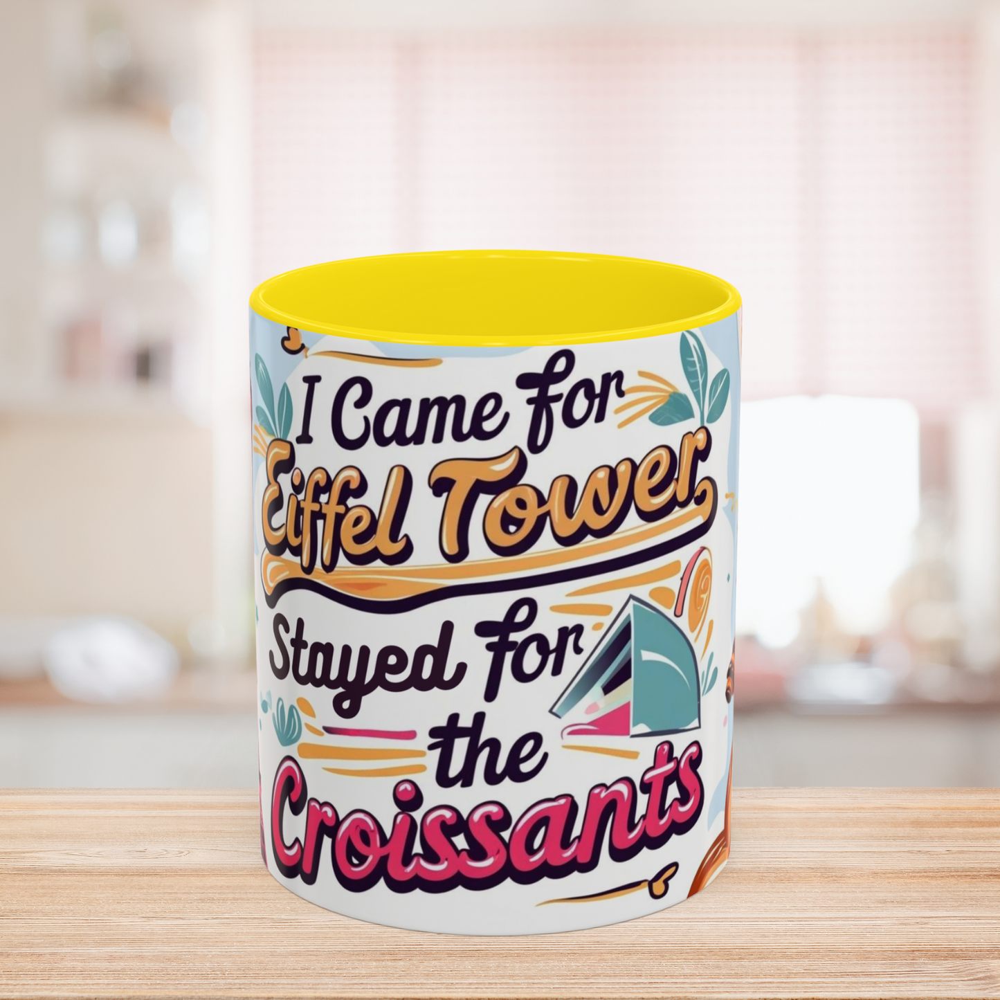Coffee Mug, Parisian Inspired Quote, Eiffel Tower and Croissants Phrase, French Lover Gift, Travel Souvenir, Paris Vacation Memories Mug,