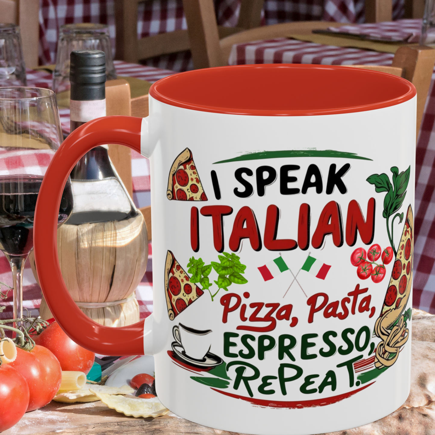Coffee Mug, Italian Food Lover Gift, Funny Coffee Cup, Kitchen Decor, Espresso Repeat Design, 11oz 15oz Tea Cup, Pizza Pasta Mug, Tomato