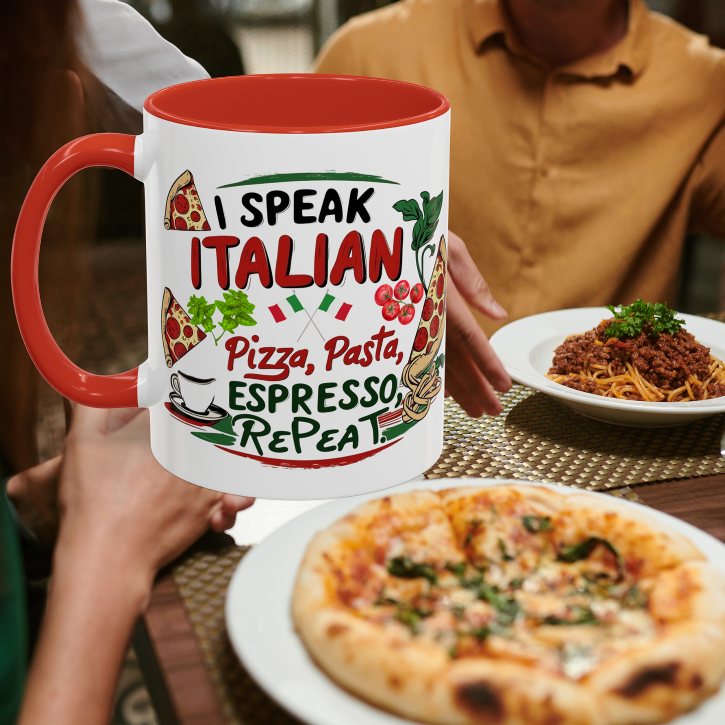 Coffee Mug, Italian Food Lover Gift, Funny Coffee Cup, Kitchen Decor, Espresso Repeat Design, 11oz 15oz Tea Cup, Pizza Pasta Mug, Tomato