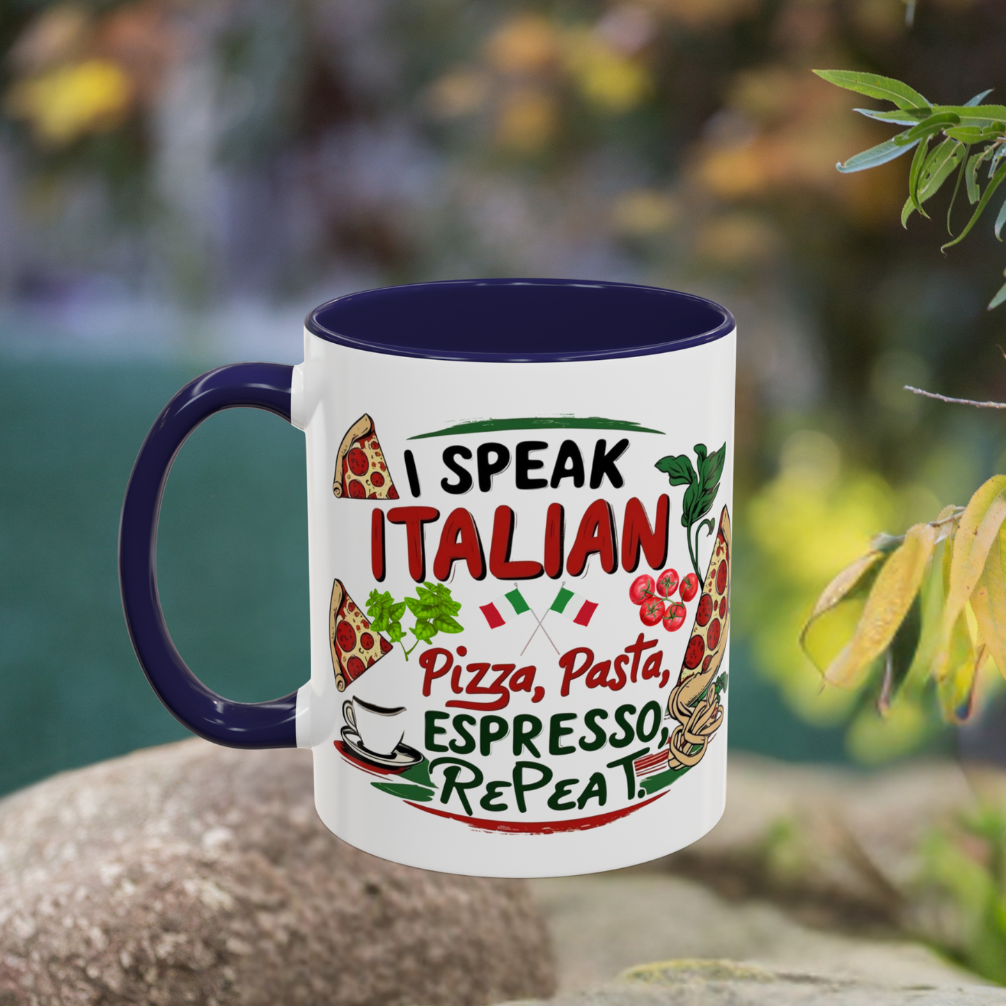 Coffee Mug, Italian Food Lover Gift, Funny Coffee Cup, Kitchen Decor, Espresso Repeat Design, 11oz 15oz Tea Cup, Pizza Pasta Mug, Tomato