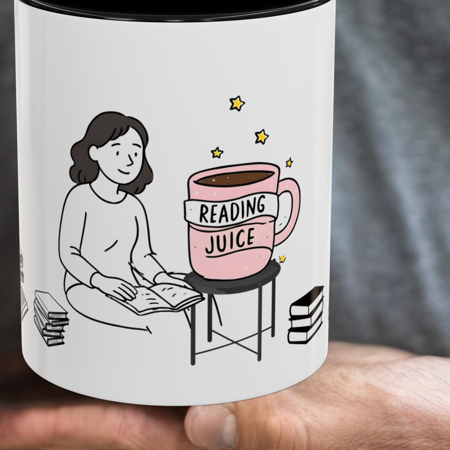 Coffee Mug, reading juice phrase on a coffee cup with a woman reading a book, Book Lover Gift, Reading Mug, Bibliophile Gift, Literary Mug,