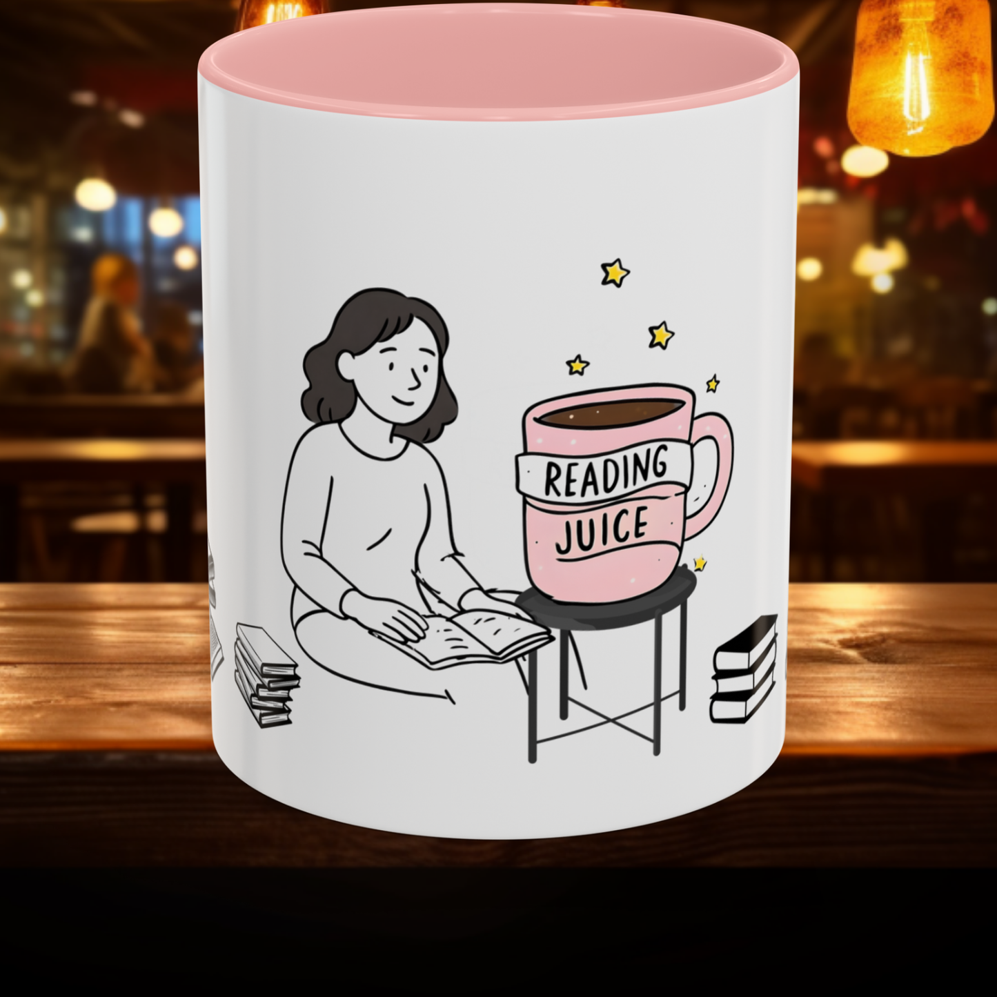 Coffee Mug, reading juice phrase on a coffee cup with a woman reading a book, Book Lover Gift, Reading Mug, Bibliophile Gift, Literary Mug,