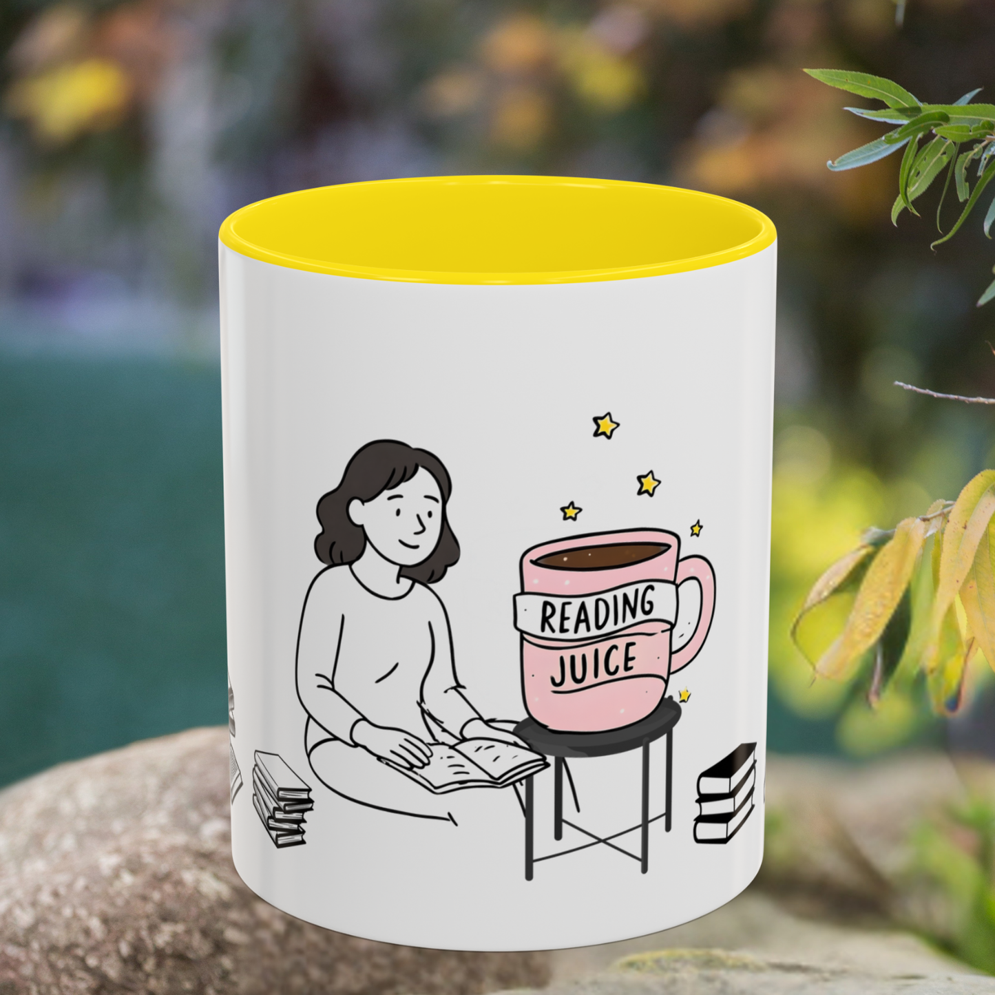 Coffee Mug, reading juice phrase on a coffee cup with a woman reading a book, Book Lover Gift, Reading Mug, Bibliophile Gift, Literary Mug,