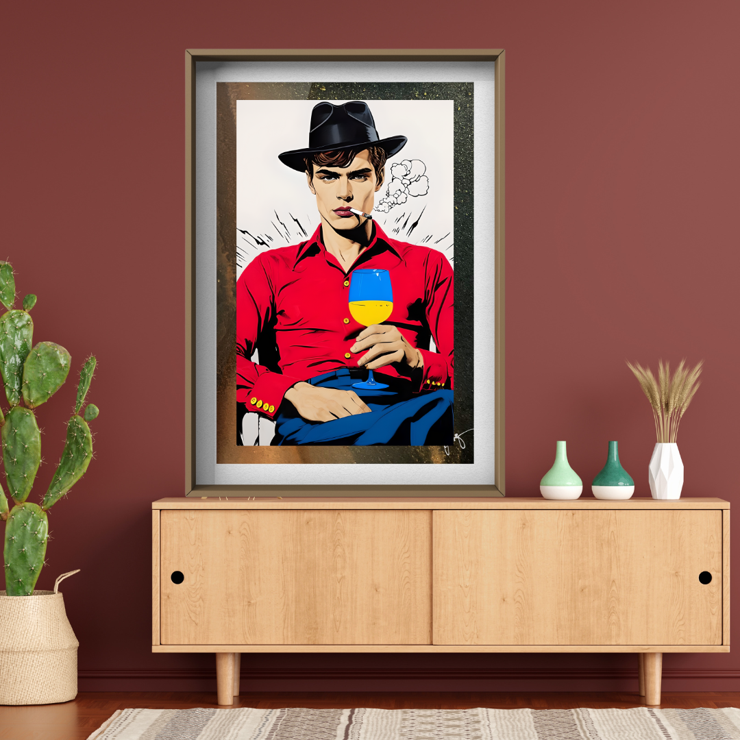 A young man holding a cup and smoking a cigarette Pop Art style, red and blue, Home Office Decor, Matte Poster Art.