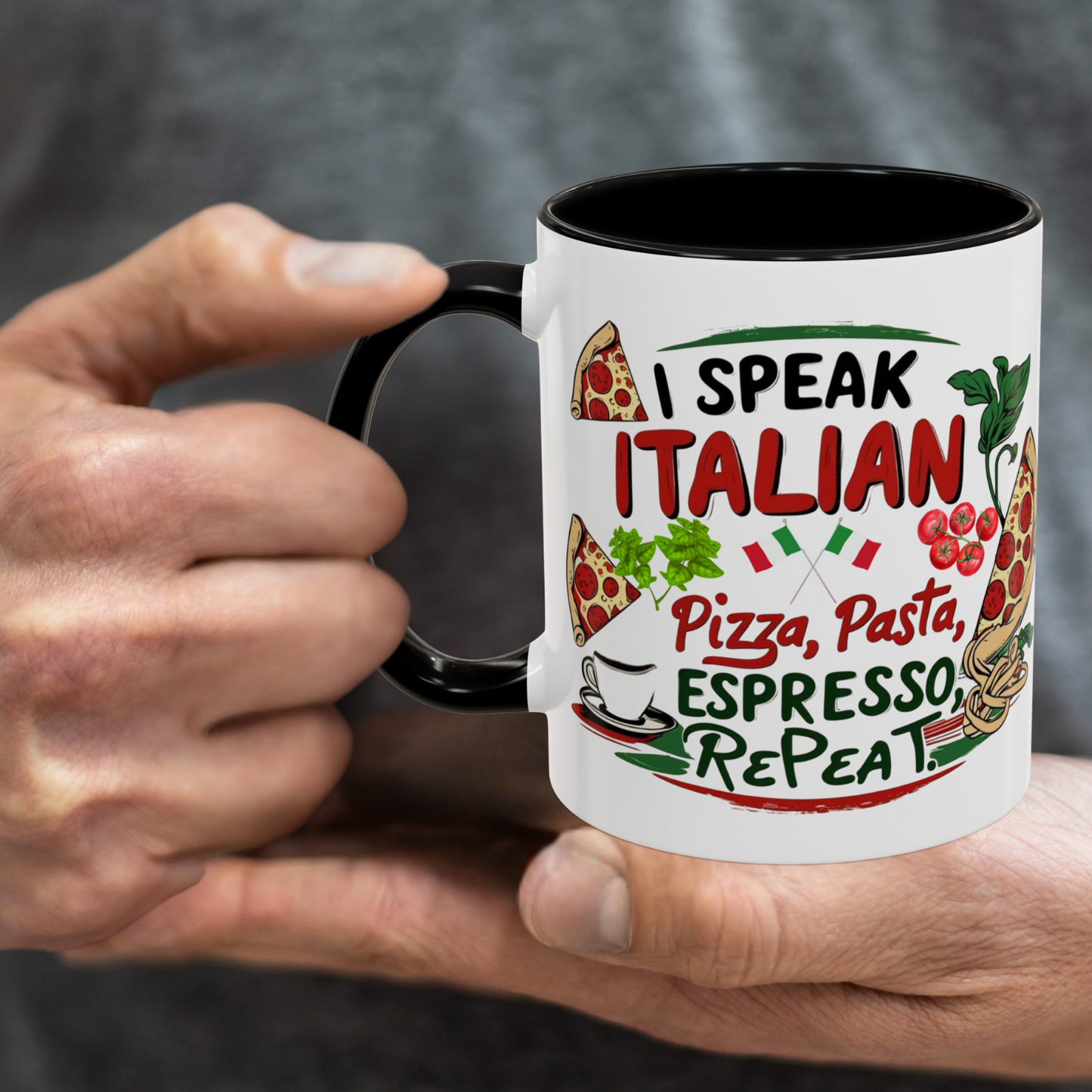 Coffee Mug, Italian Food Lover Gift, Funny Coffee Cup, Kitchen Decor, Espresso Repeat Design, 11oz 15oz Tea Cup, Pizza Pasta Mug, Tomato