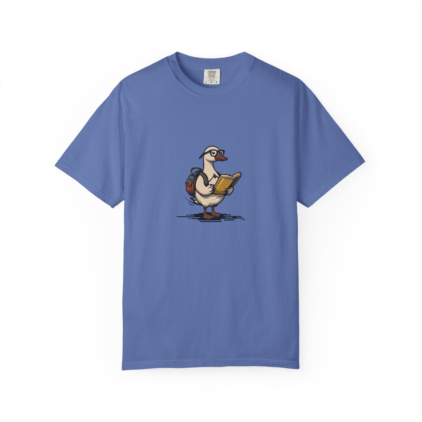 Funny Goose Unisex T-shirt, Silly Animal Reading Book & Backpack Tee, Gift for Book Lovers, Cute Bird Shirt, Novelty Animal Graphic Tee,