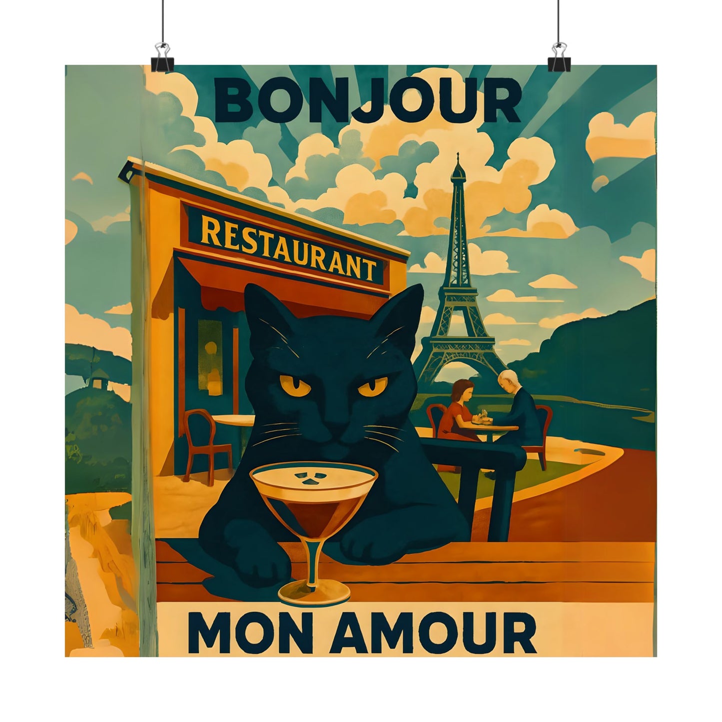 Paris Poster, Black Cat in Paris Cafe Bonjour Mon Amour Matte Print, Wall Art, Home Decor, French Cat Lover Gift, Espresso Drink Eiffel