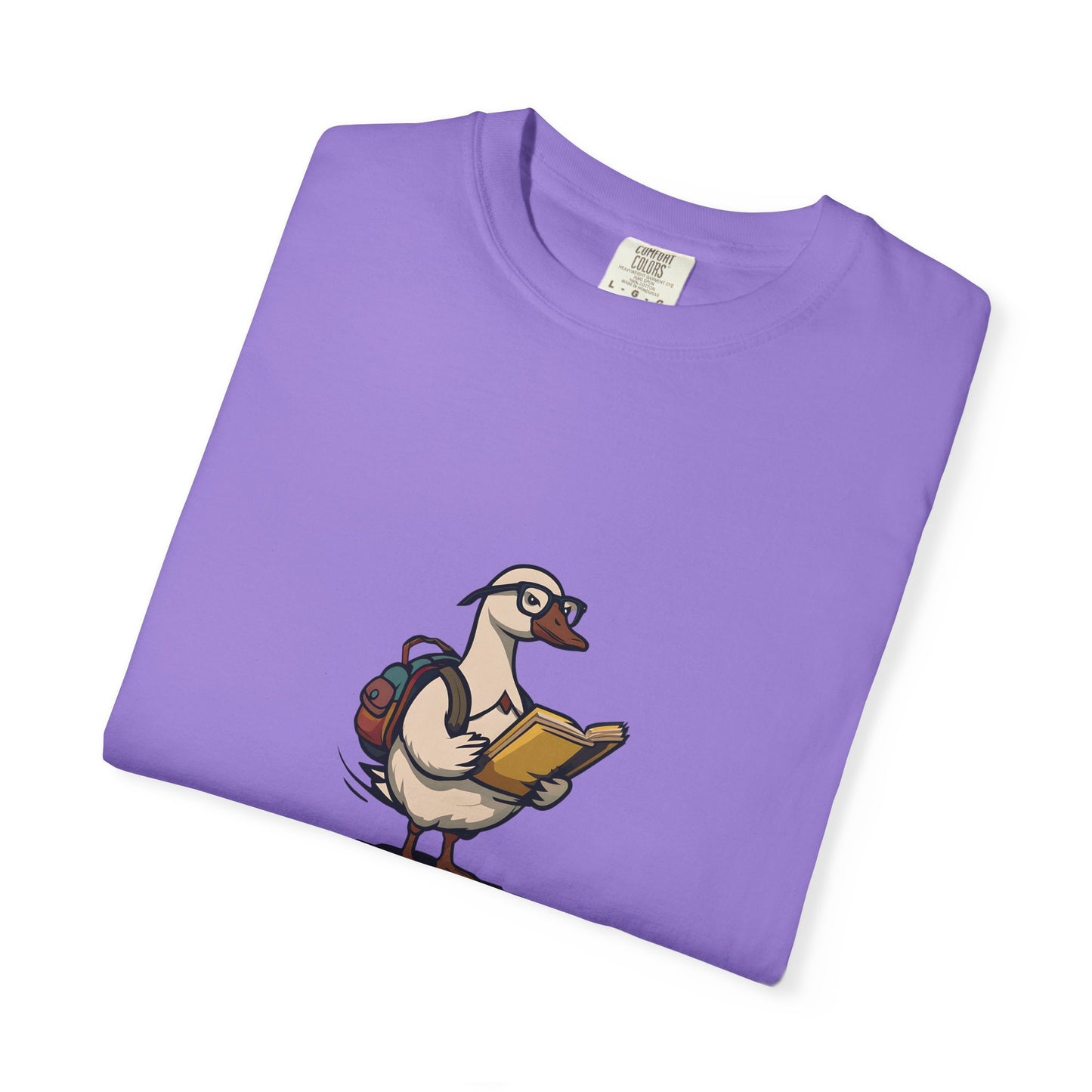 Funny Goose Unisex T-shirt, Silly Animal Reading Book & Backpack Tee, Gift for Book Lovers, Cute Bird Shirt, Novelty Animal Graphic Tee,