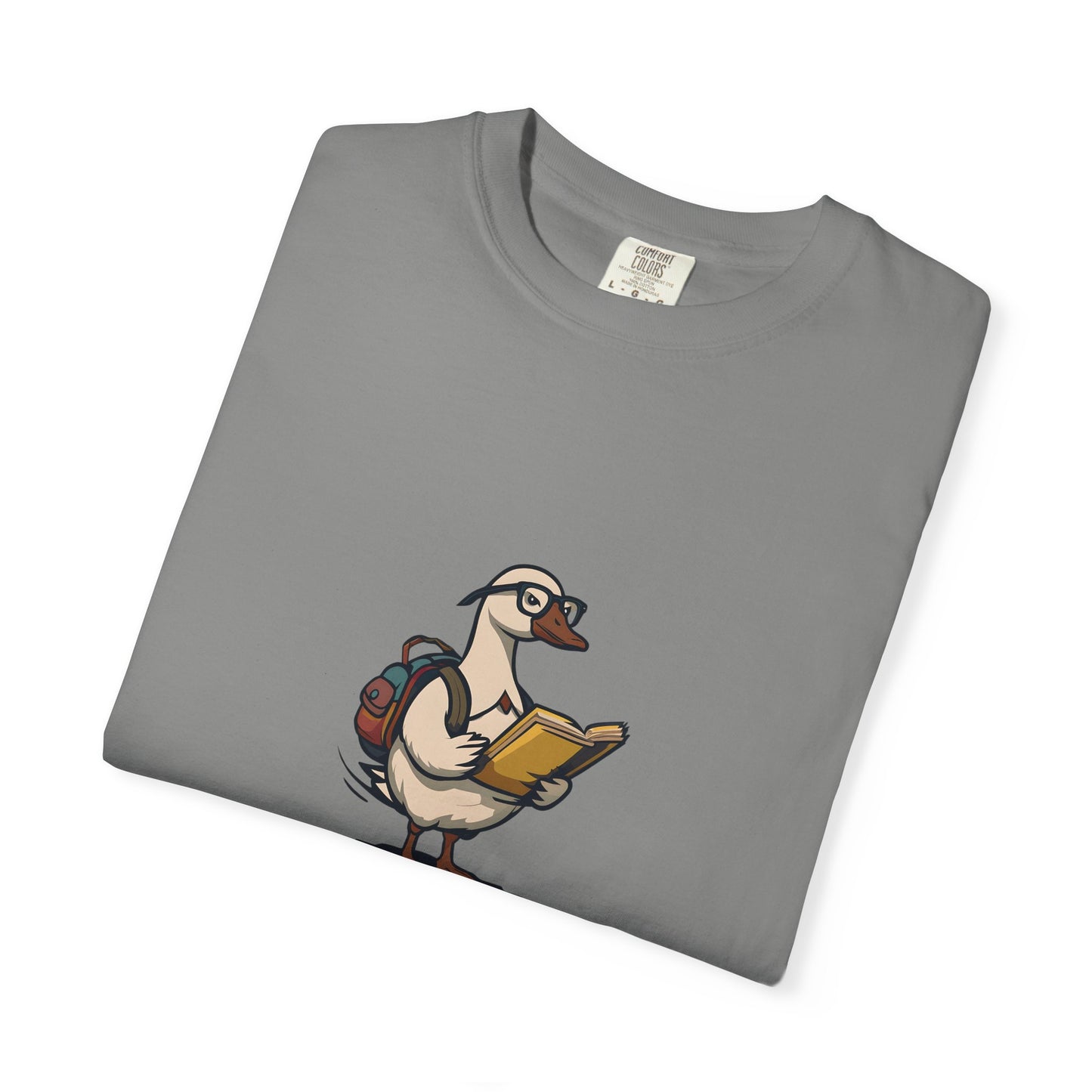 Funny Goose Unisex T-shirt, Silly Animal Reading Book & Backpack Tee, Gift for Book Lovers, Cute Bird Shirt, Novelty Animal Graphic Tee,