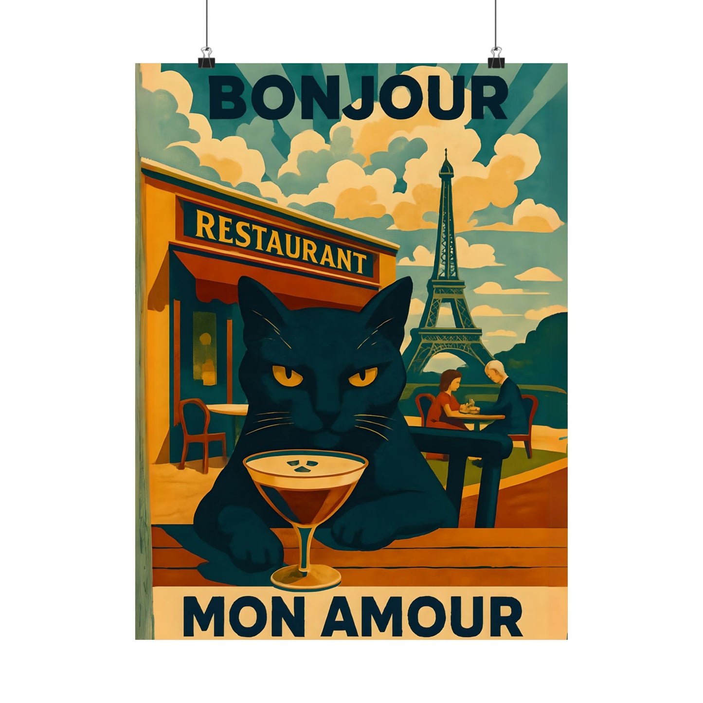 Paris Poster, Black Cat in Paris Cafe Bonjour Mon Amour Matte Print, Wall Art, Home Decor, French Cat Lover Gift, Espresso Drink Eiffel