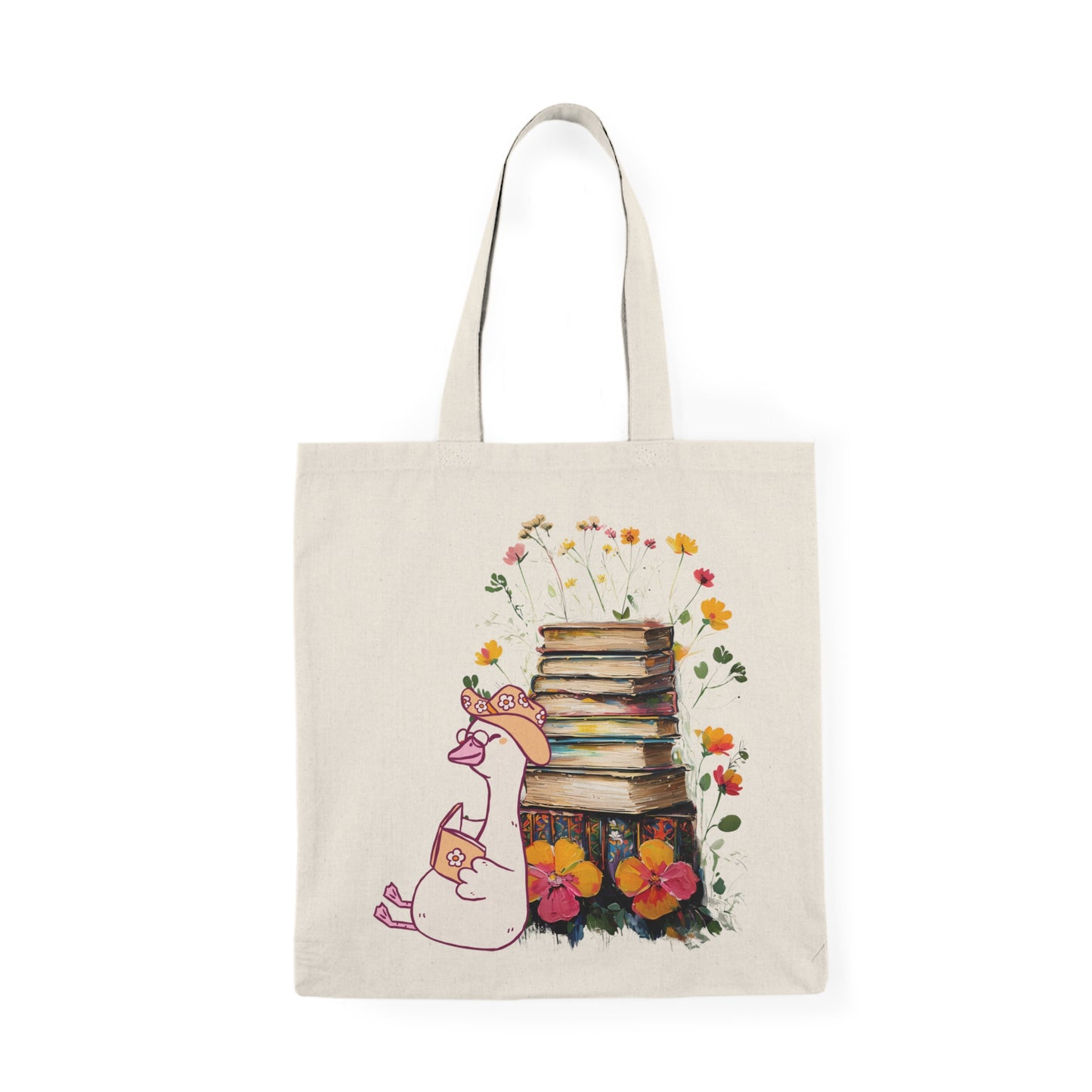Book Lover Tote Bag with silly goose reading a book with stack of books and flowers