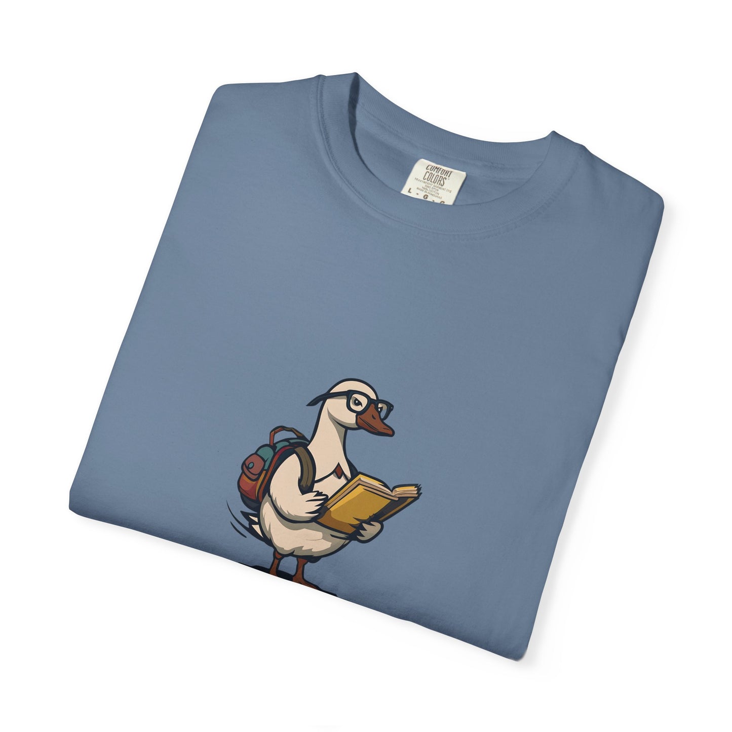 Funny Goose Unisex T-shirt, Silly Animal Reading Book & Backpack Tee, Gift for Book Lovers, Cute Bird Shirt, Novelty Animal Graphic Tee,