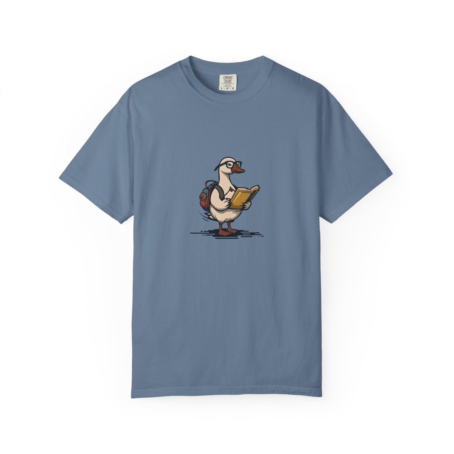Funny Goose Unisex T-shirt, Silly Animal Reading Book & Backpack Tee, Gift for Book Lovers, Cute Bird Shirt, Novelty Animal Graphic Tee,