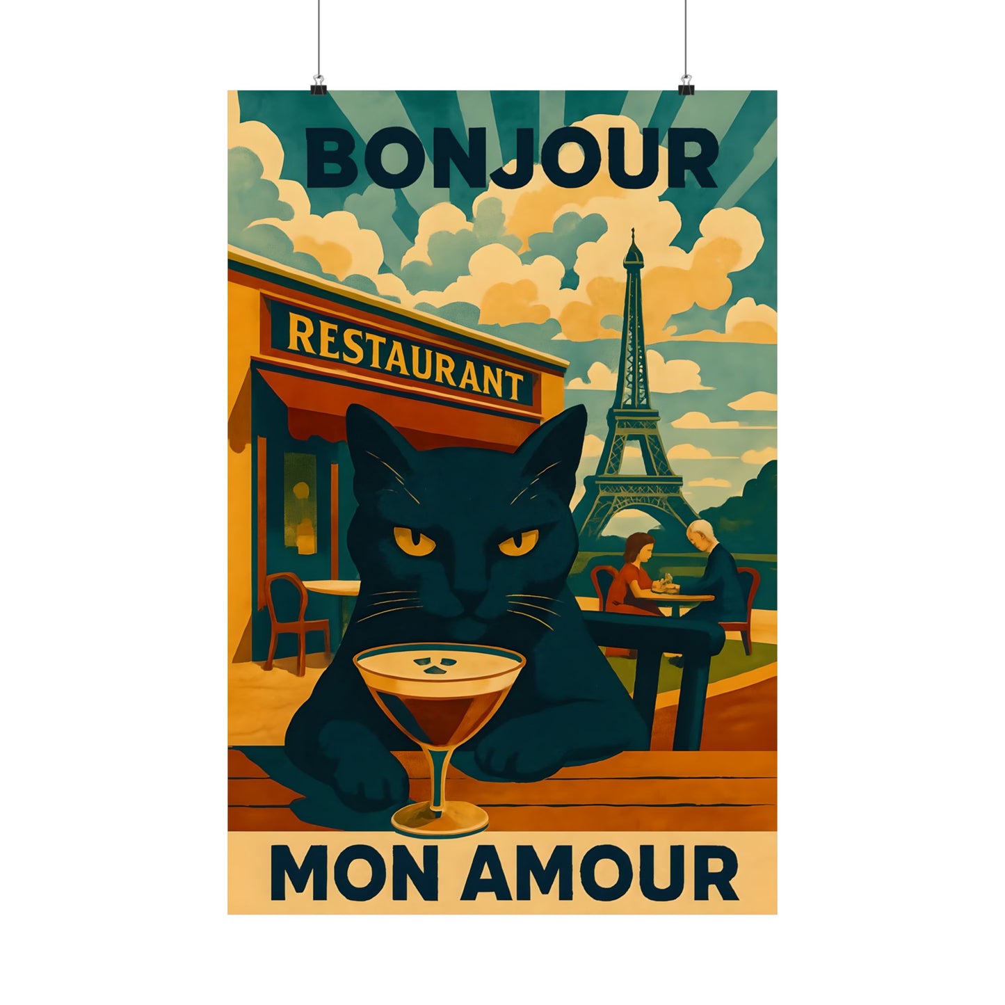 Paris Poster, Black Cat in Paris Cafe Bonjour Mon Amour Matte Print, Wall Art, Home Decor, French Cat Lover Gift, Espresso Drink Eiffel