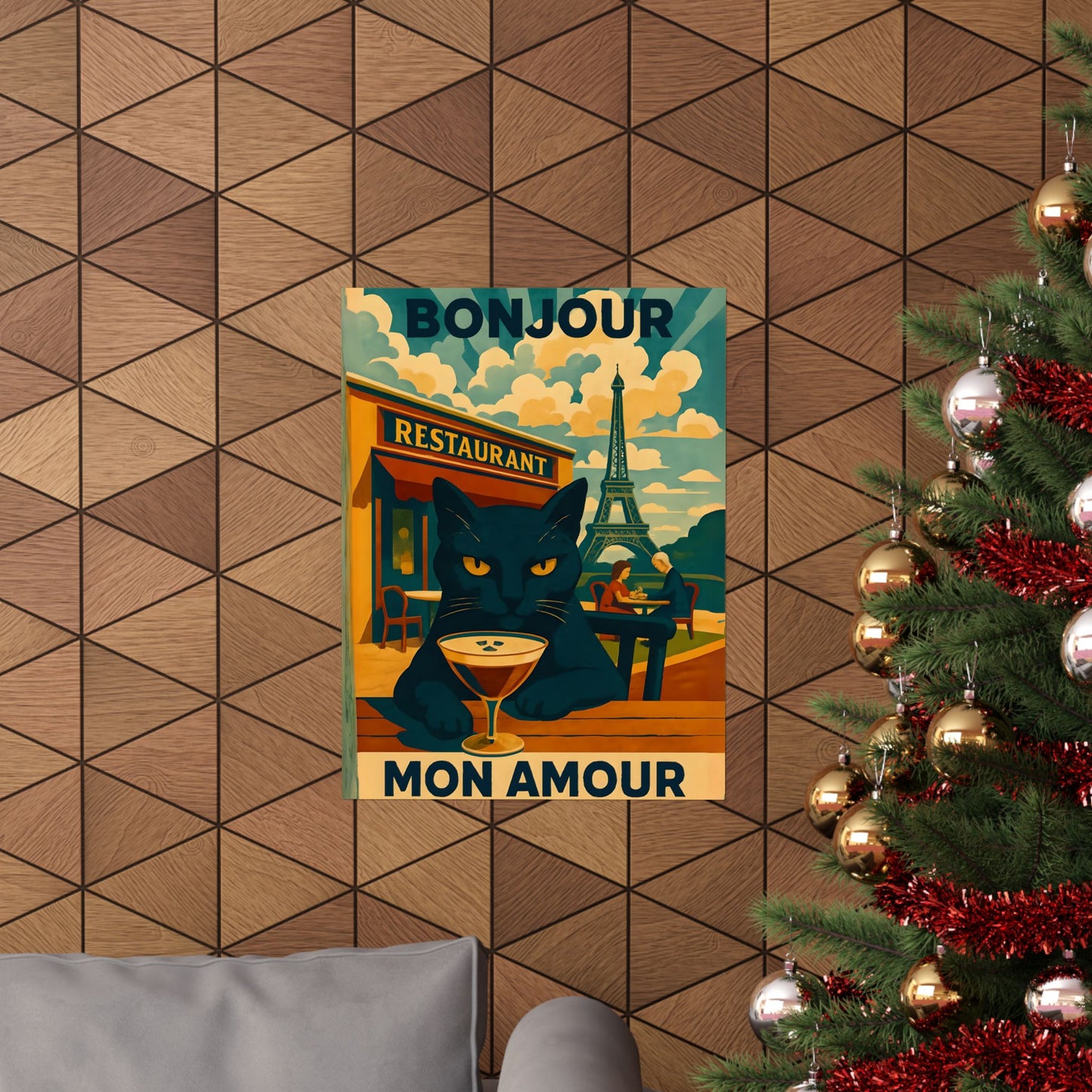 Paris Poster, Black Cat in Paris Cafe Bonjour Mon Amour Matte Print, Wall Art, Home Decor, French Cat Lover Gift, Espresso Drink Eiffel