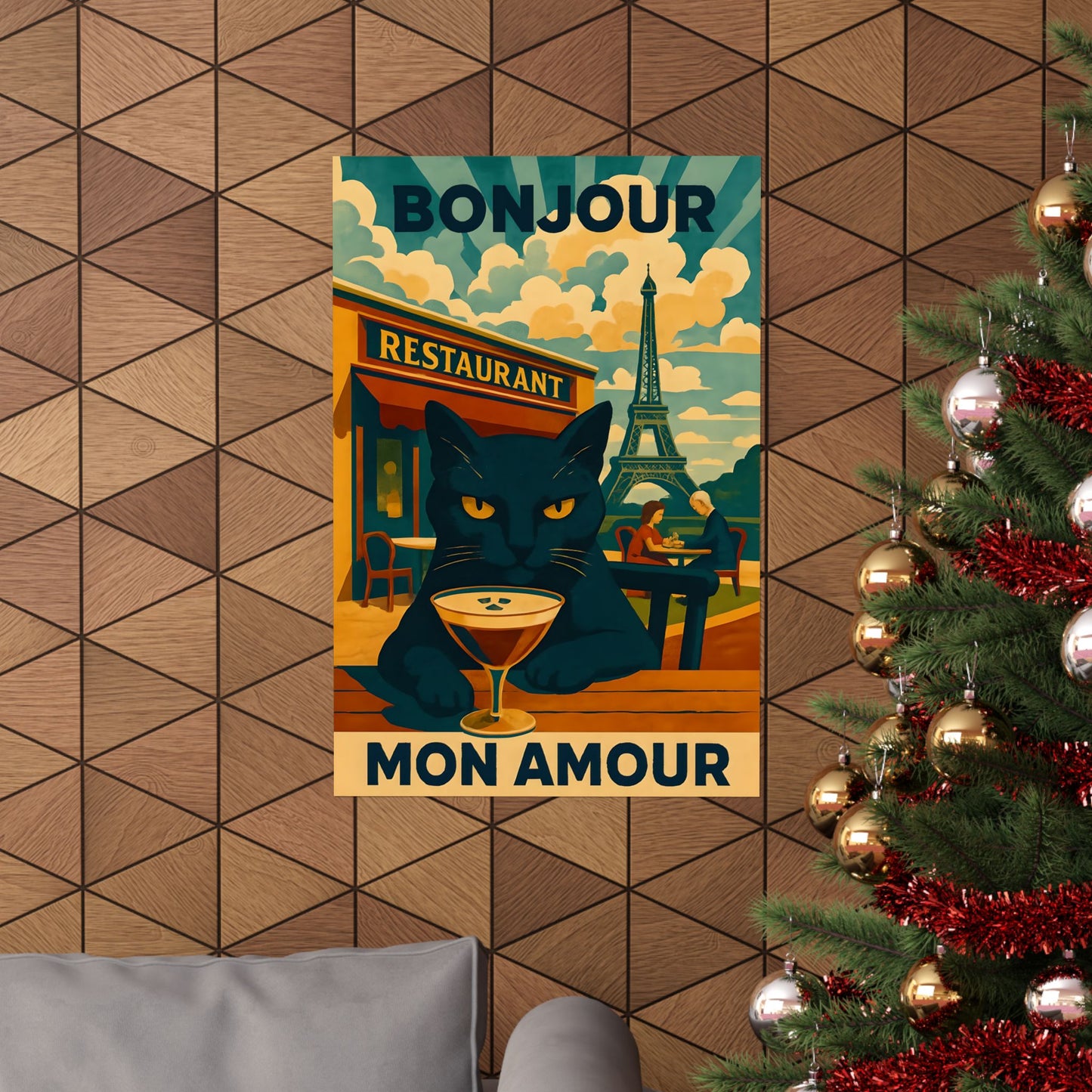 Paris Poster, Black Cat in Paris Cafe Bonjour Mon Amour Matte Print, Wall Art, Home Decor, French Cat Lover Gift, Espresso Drink Eiffel
