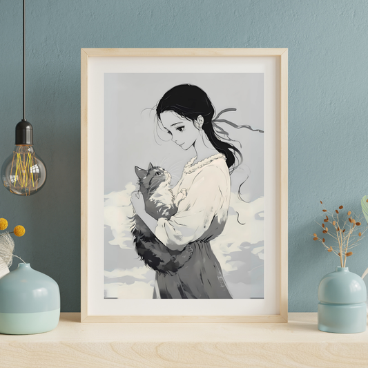 Whimsical Girl with Cat Wall Art – Soft Aesthetic Anime-Inspired Print | Vintage Style Cat Lover Poster for Cozy Home Decor