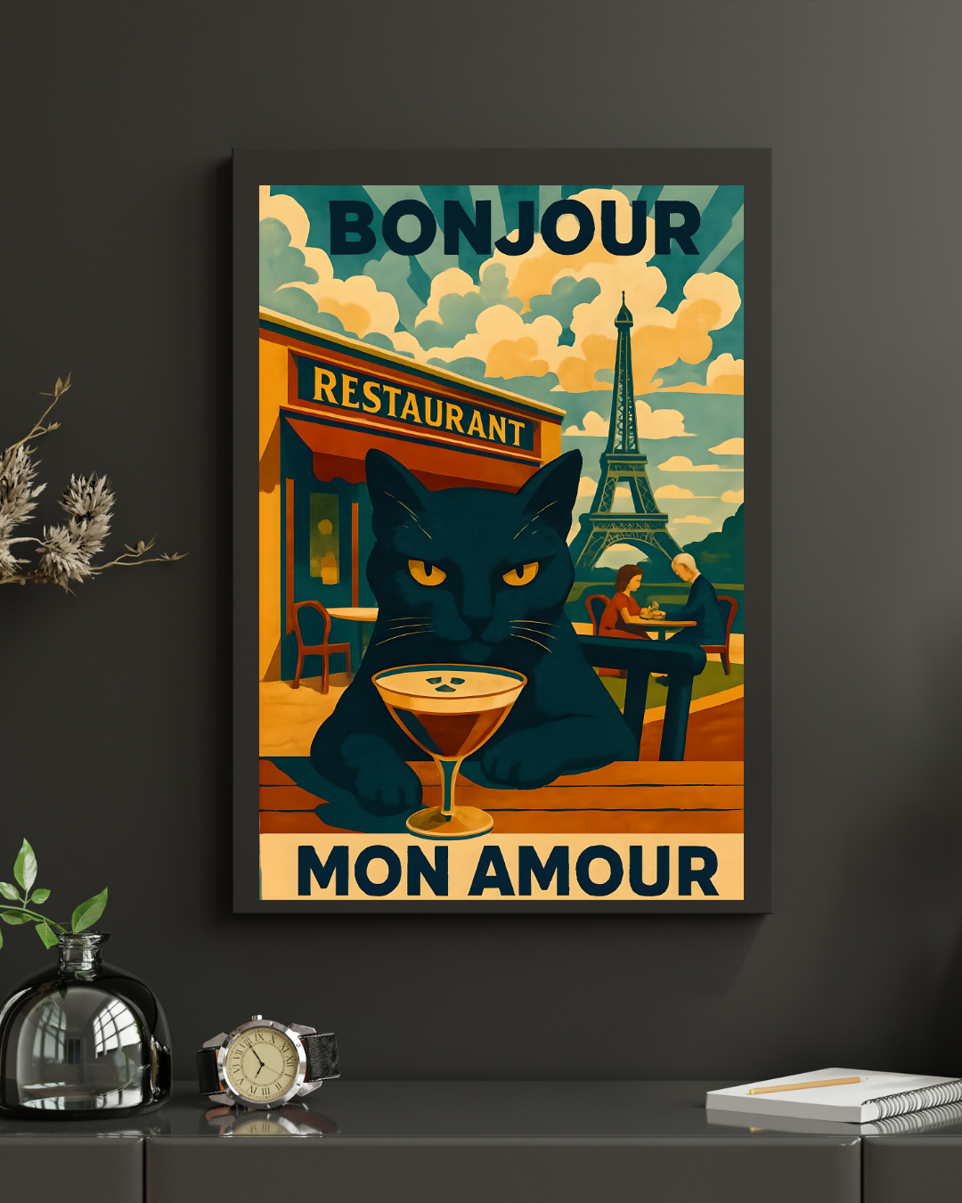 Paris Poster, Black Cat in Paris Cafe Bonjour Mon Amour Matte Print, Wall Art, Home Decor, French Cat Lover Gift, Espresso Drink Eiffel