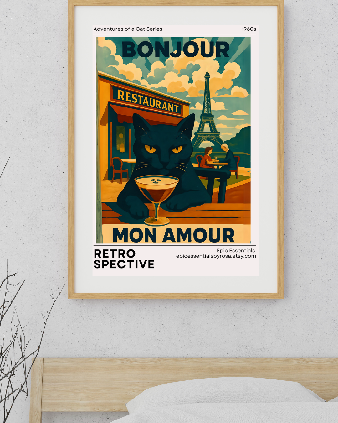 Paris Poster, Black Cat in Paris Cafe Bonjour Mon Amour Matte Print, Wall Art, Home Decor, French Cat Lover Gift, Espresso Drink Eiffel