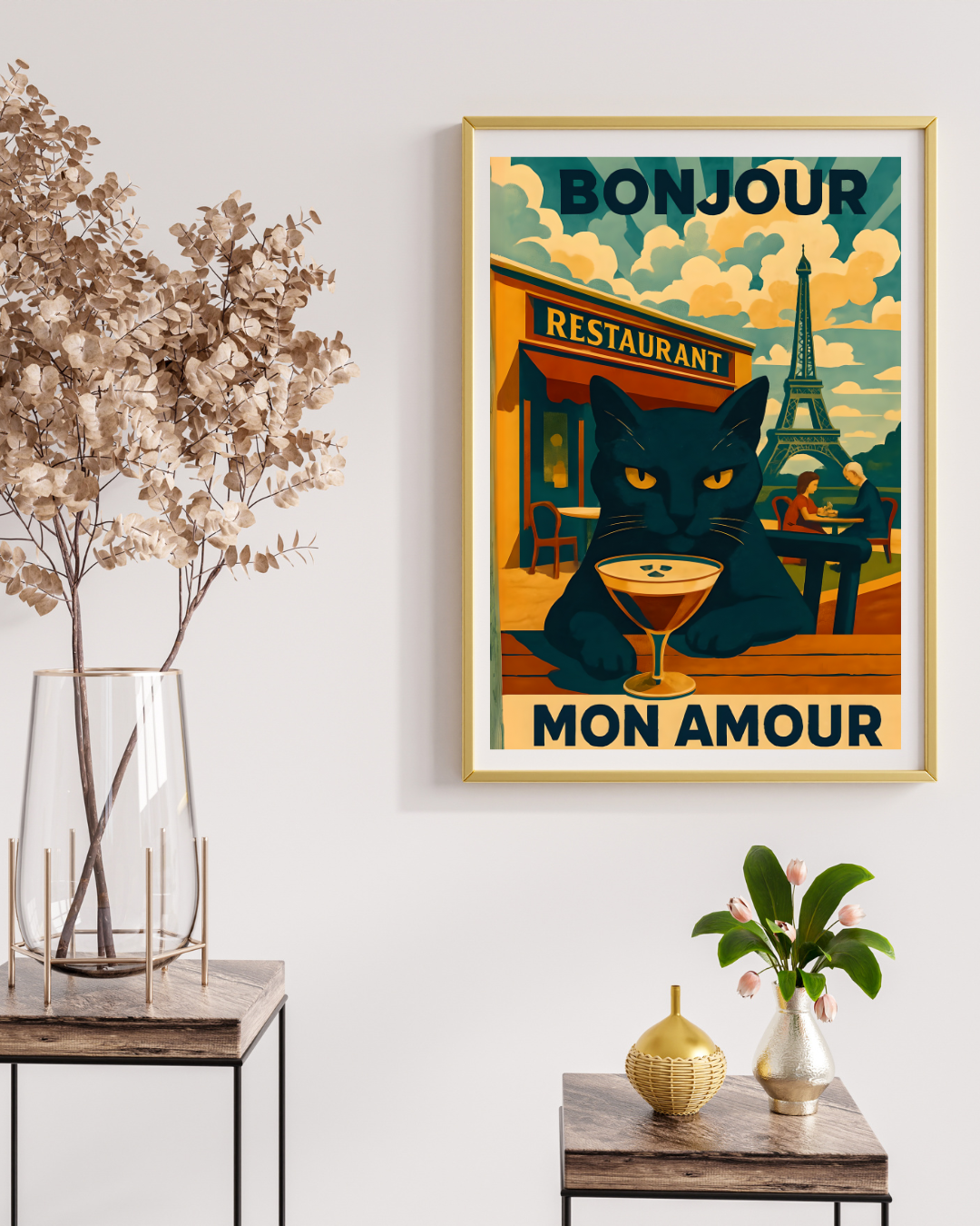 Paris Poster, Black Cat in Paris Cafe Bonjour Mon Amour Matte Print, Wall Art, Home Decor, French Cat Lover Gift, Espresso Drink Eiffel