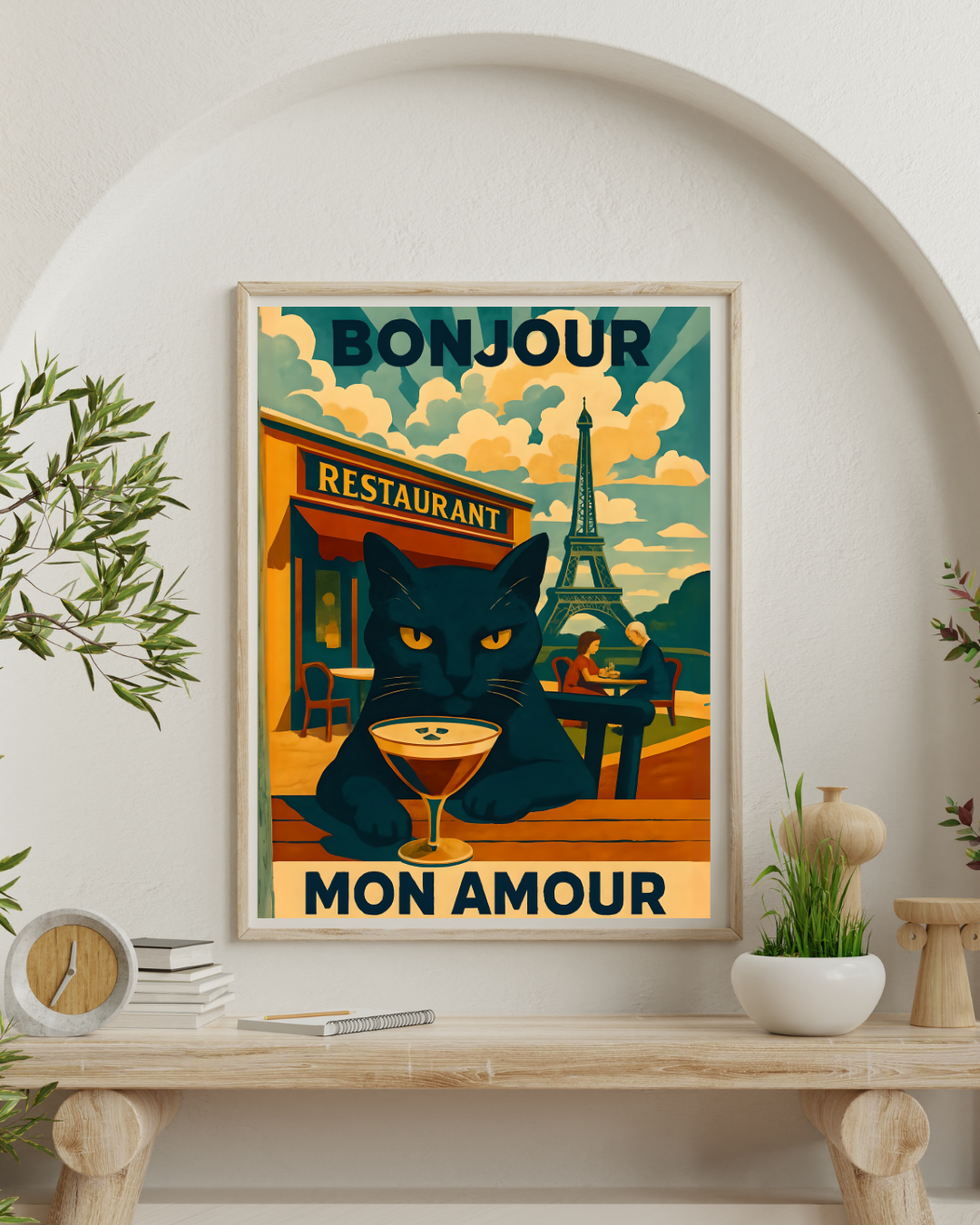 Paris Poster, Black Cat in Paris Cafe Bonjour Mon Amour Matte Print, Wall Art, Home Decor, French Cat Lover Gift, Espresso Drink Eiffel