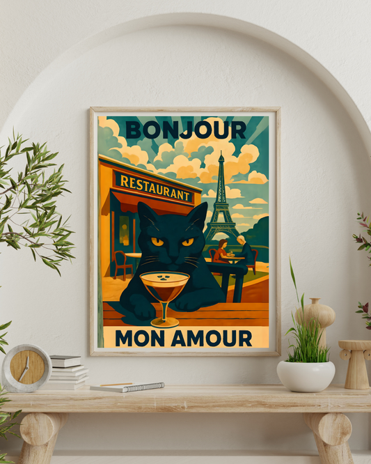 Paris Poster, Black Cat in Paris Cafe Bonjour Mon Amour Matte Print, Wall Art, Home Decor, French Cat Lover Gift, Espresso Drink Eiffel