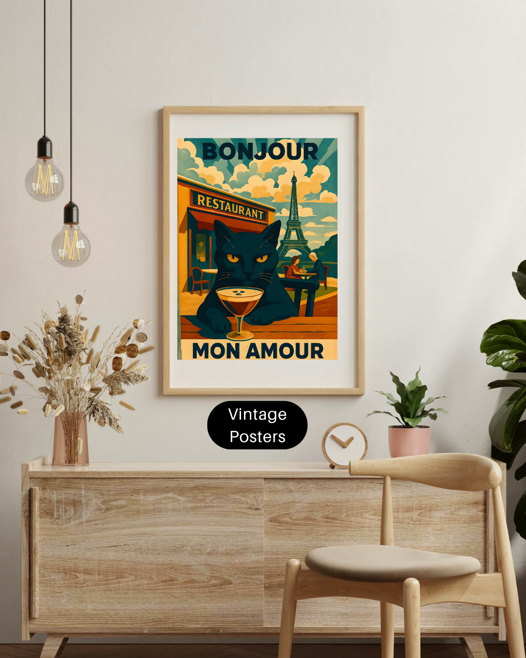 Paris Poster, Black Cat in Paris Cafe Bonjour Mon Amour Matte Print, Wall Art, Home Decor, French Cat Lover Gift, Espresso Drink Eiffel