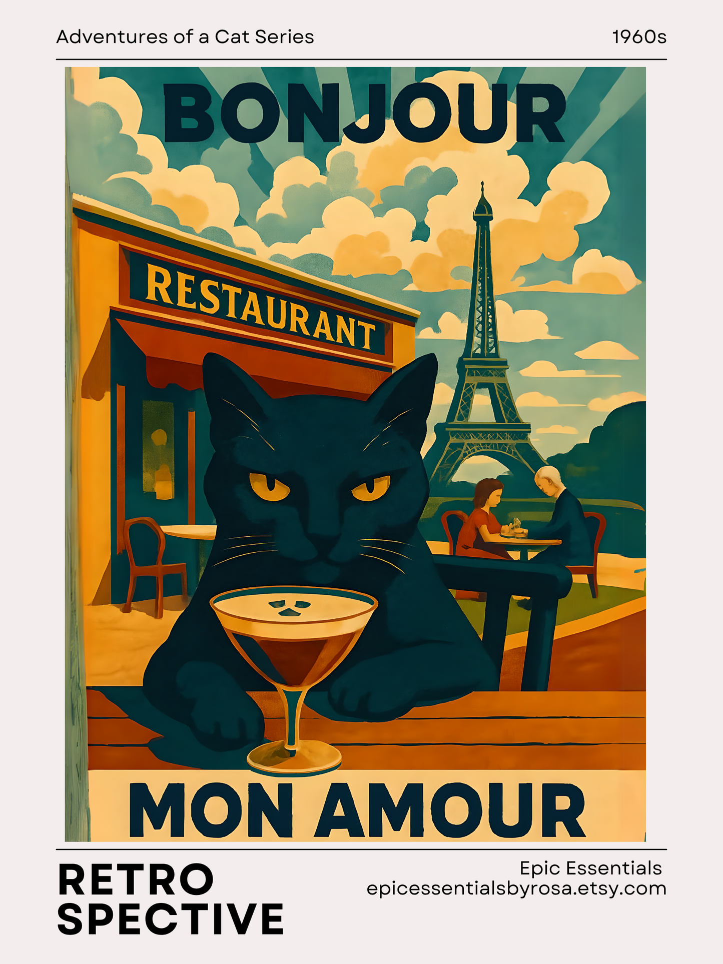 Paris Poster, Black Cat in Paris Cafe Bonjour Mon Amour Matte Print, Wall Art, Home Decor, French Cat Lover Gift, Espresso Drink Eiffel