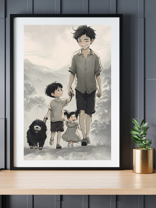 Vertical Family Nature Walk Matte Poster, Father Son Daughter Dog Wall Art Print, Landscape Artwork, Father's Day Gift, Outdoor Adventure
