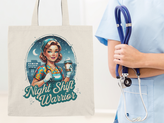 Tote bag with 'Night Shift Warrior' design featuring a nurse, next to a person in scrubs holding a stethoscope.