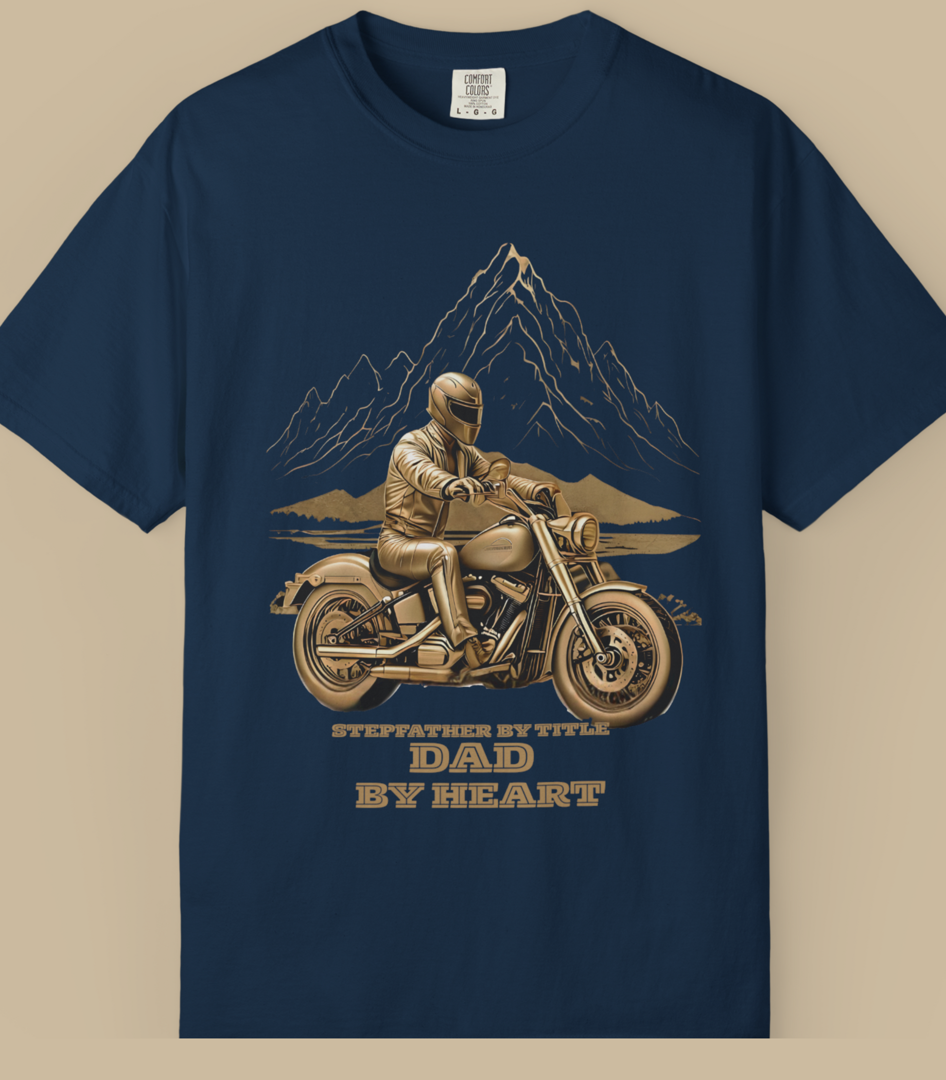 Navy blue t-shirt with a graphic of a man on a motorcycle and text on a beige background