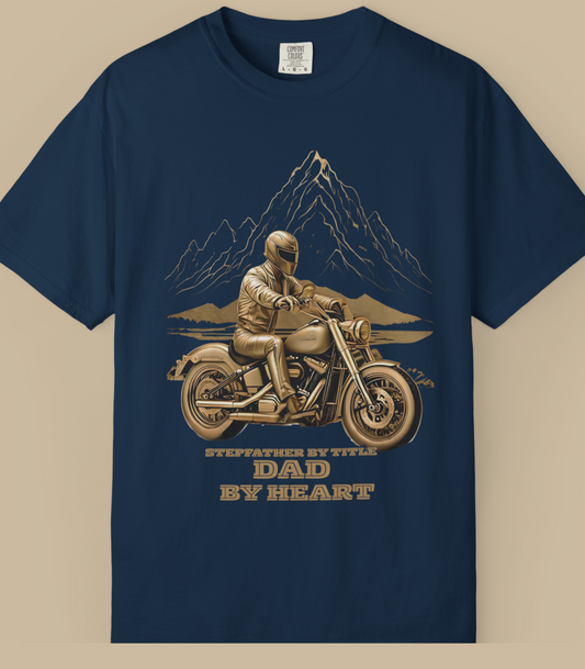 Navy blue t-shirt with a graphic of a man on a motorcycle and text on a beige background