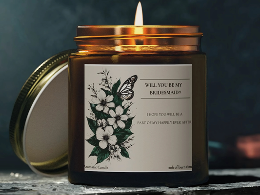 Candle with a 'Will You Be My Bridesmaid?' label on a dark background